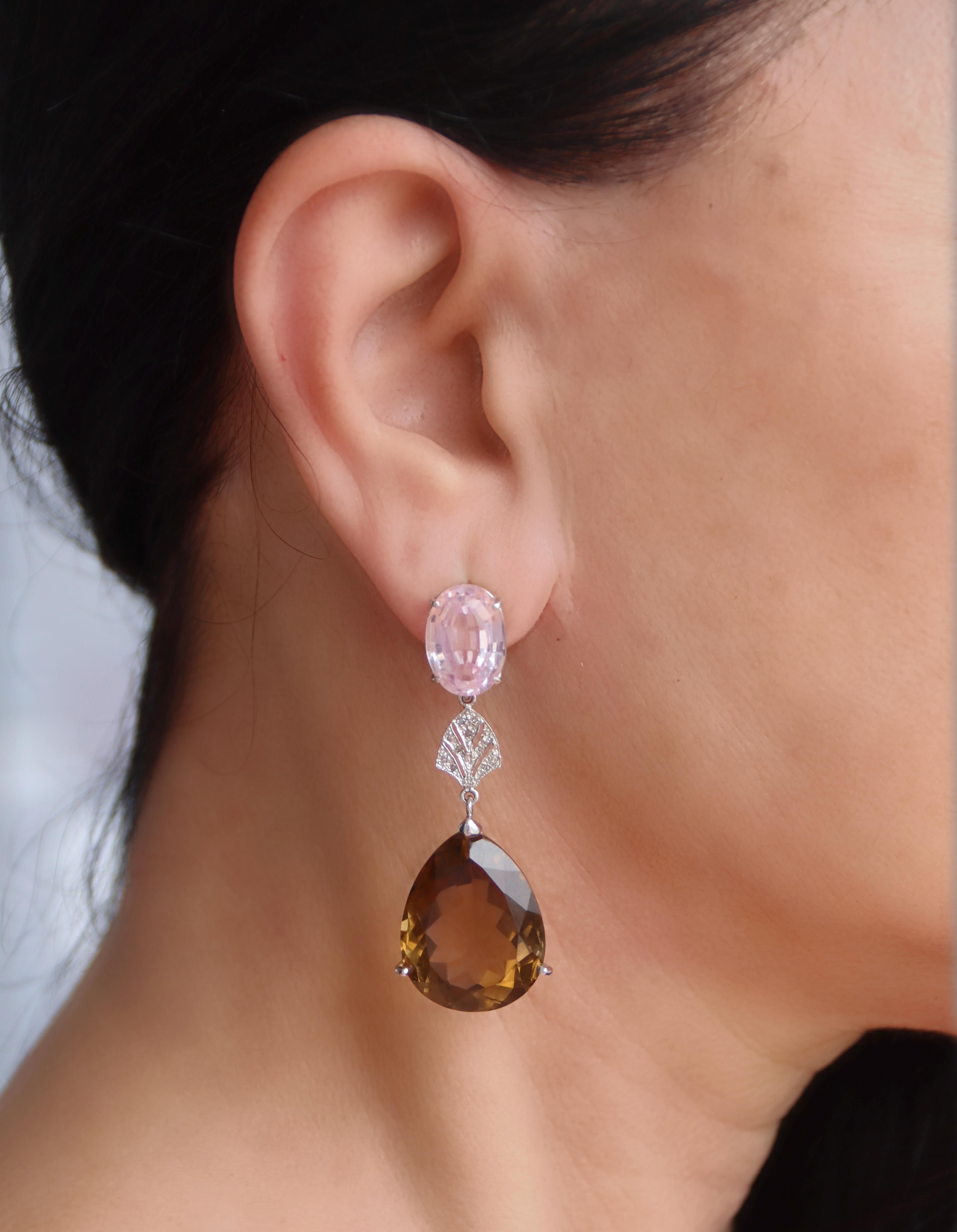 Pink Quartz Citrine Diamonds 18 Karat White Gold Drop Earrings In New Condition For Sale In Marcianise, IT