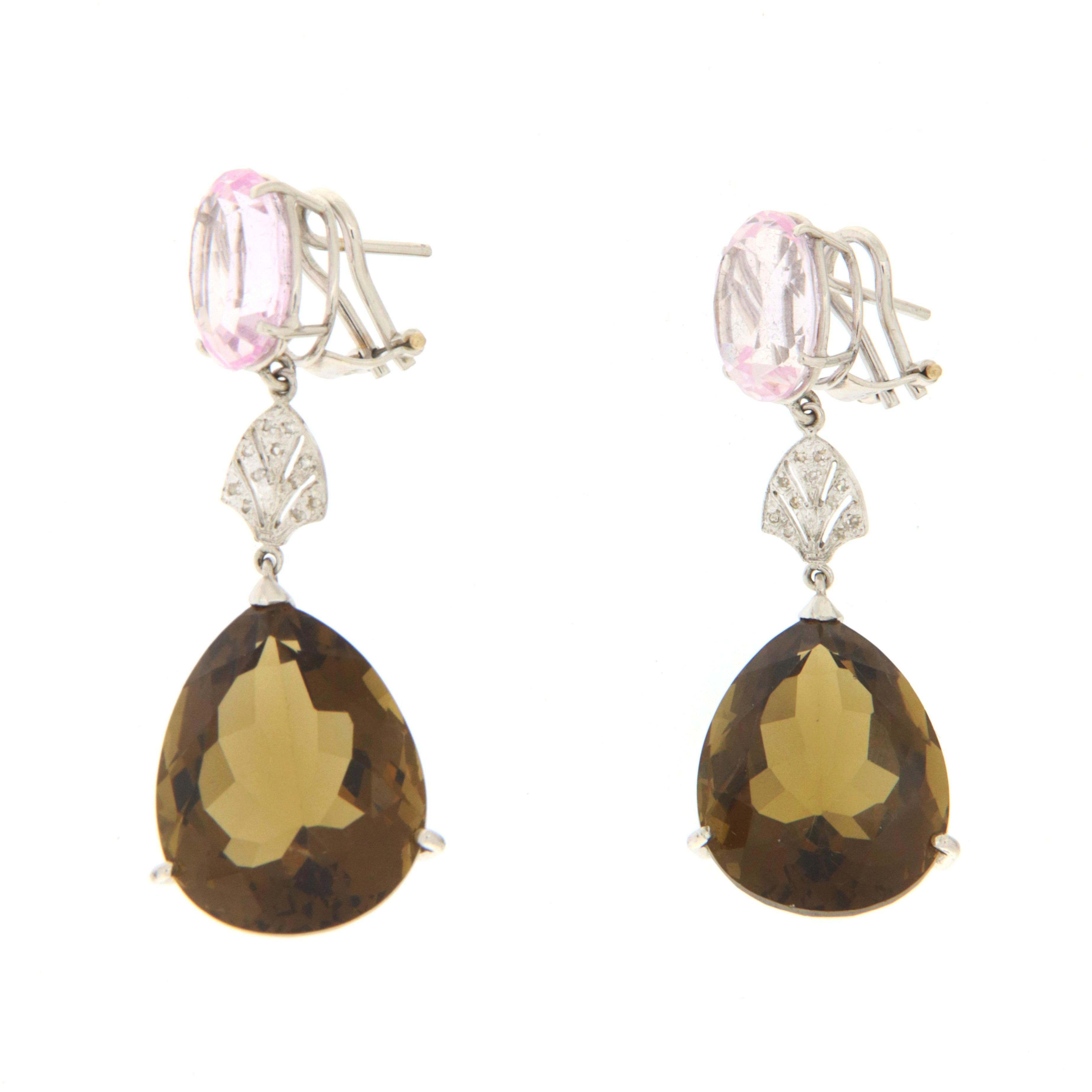 Women's Pink Quartz Citrine Diamonds 18 Karat White Gold Drop Earrings For Sale