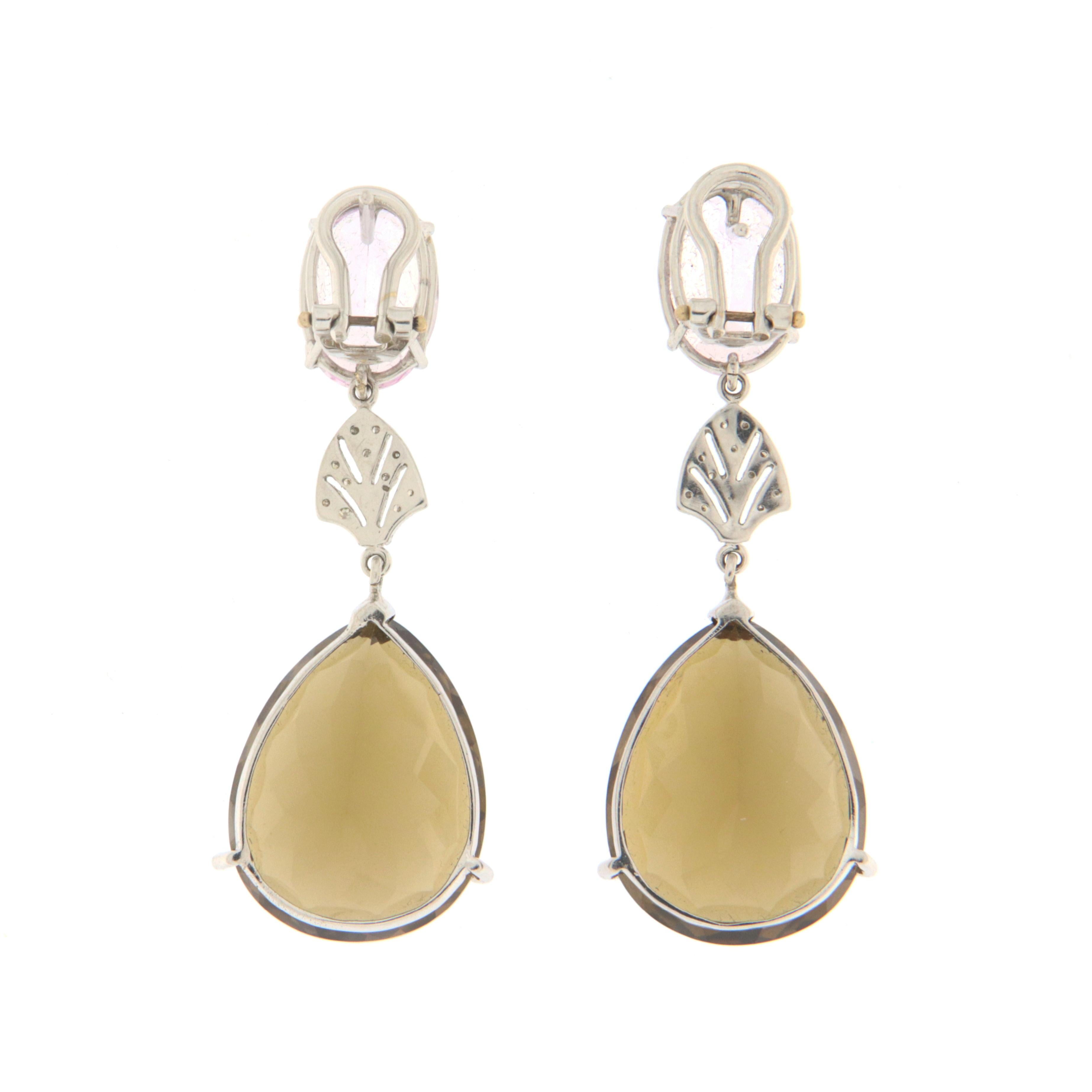 Pink Quartz Citrine Diamonds 18 Karat White Gold Drop Earrings For Sale 1