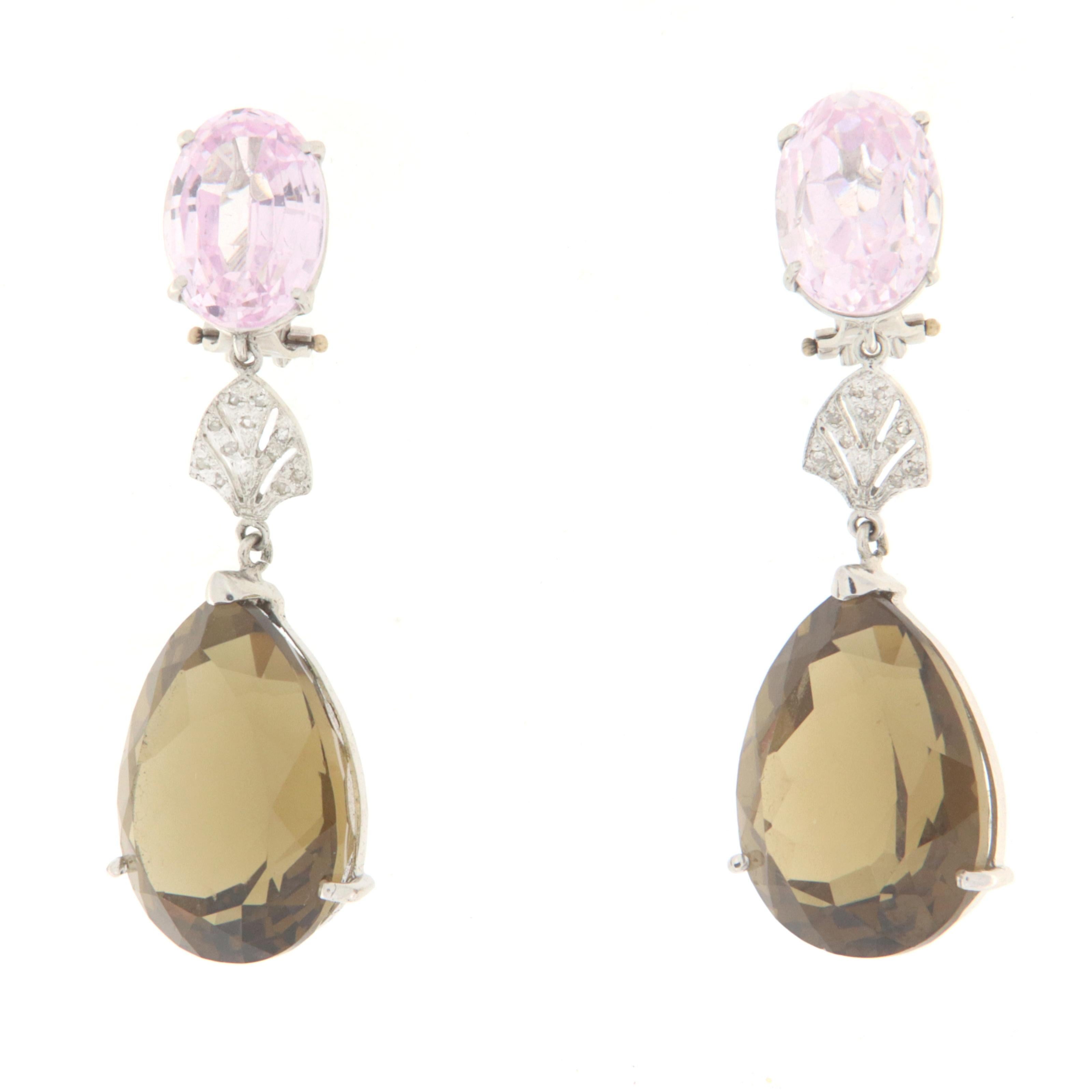 Pink Quartz Citrine Diamonds 18 Karat White Gold Drop Earrings For Sale 2