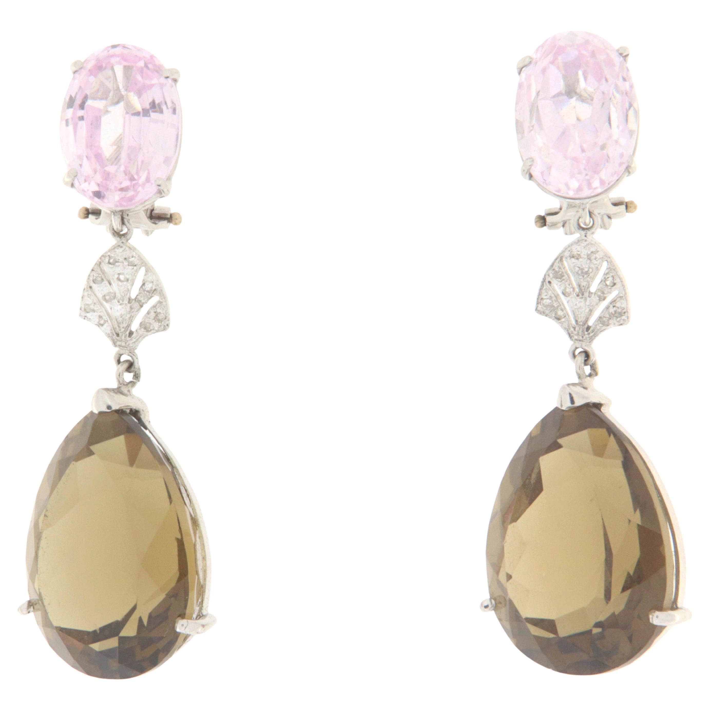 Boucles d'oreilles en goutte en or blanc 18 carats, quartz rose, citrine et diamant