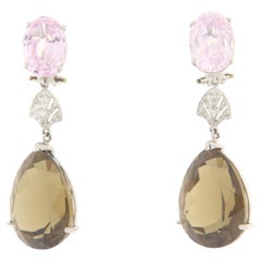 Boucles d'oreilles en goutte en or blanc 18 carats, quartz rose, citrine et diamant