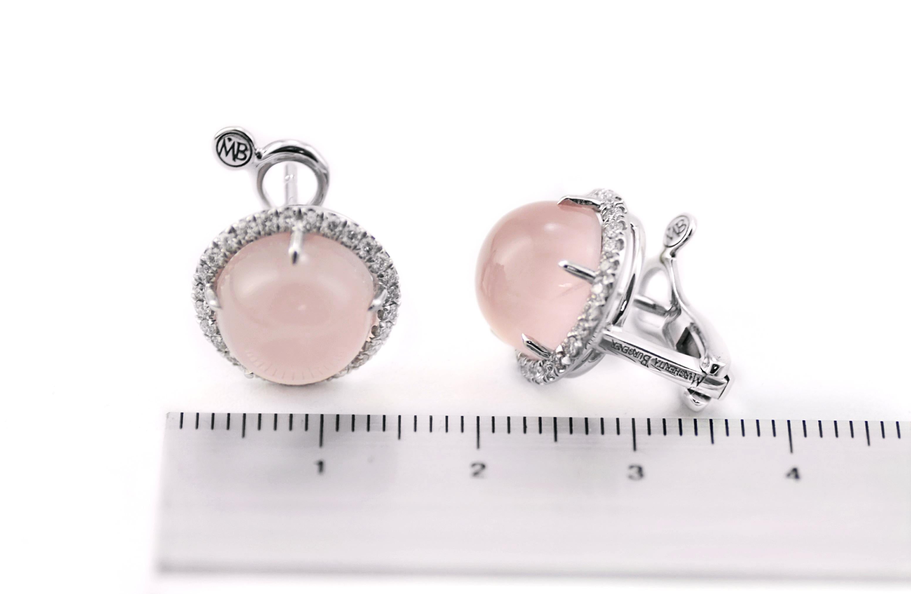Contemporary Cabochon Pink Quartz Diamond 18 Karat White Gold Margherita Burgener Earrings