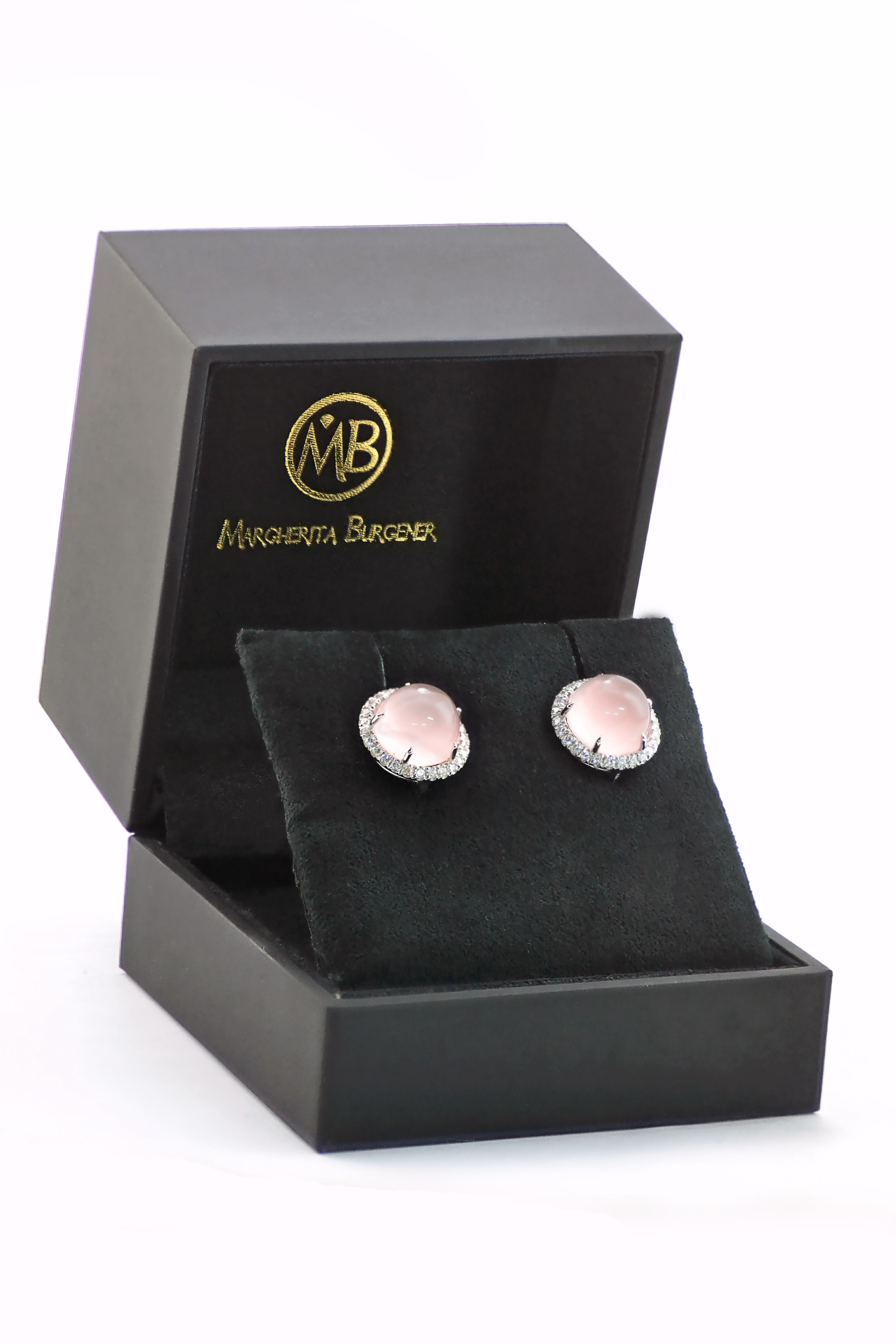 Round Cut Cabochon Pink Quartz Diamond 18 Karat White Gold Margherita Burgener Earrings
