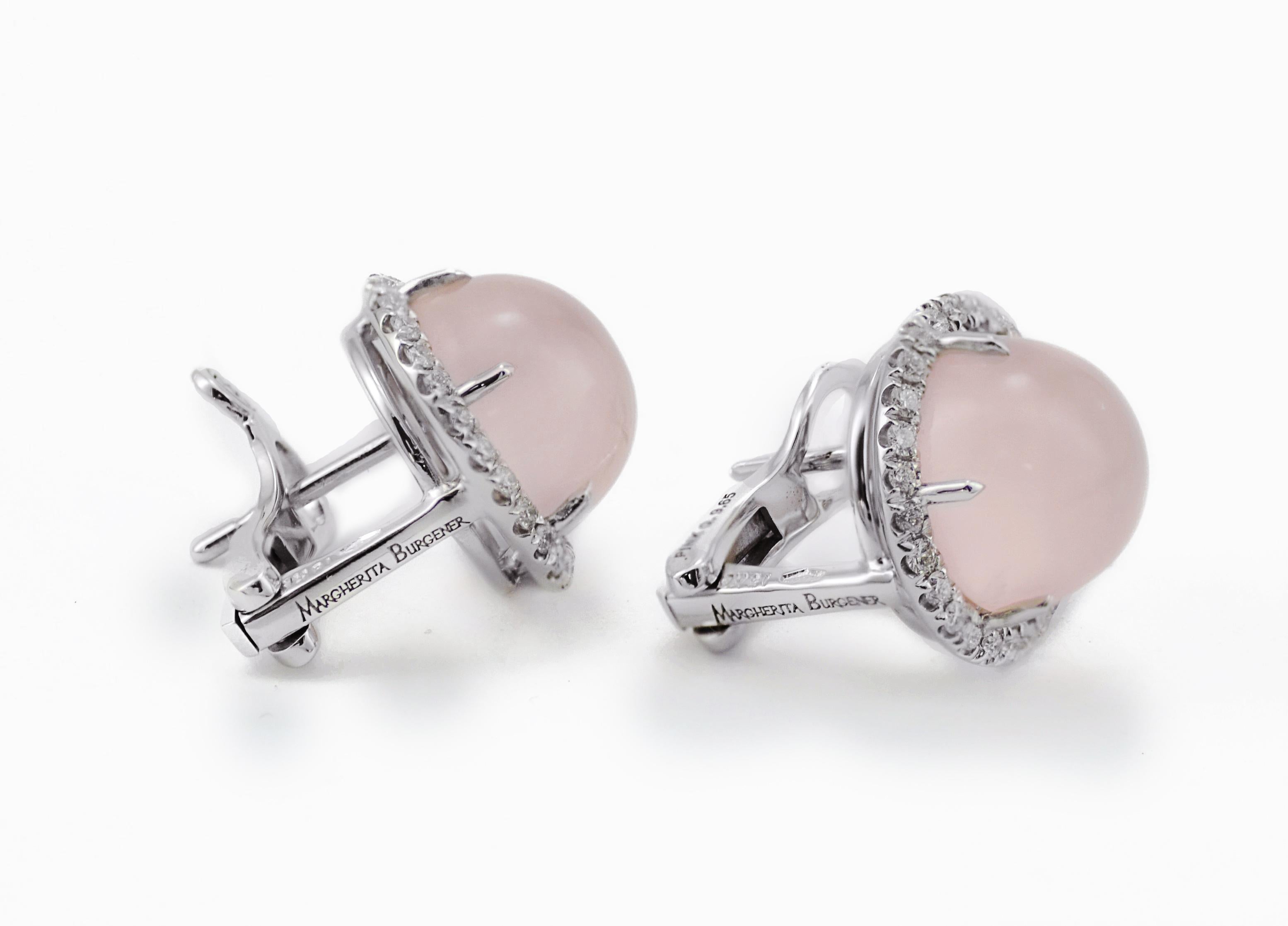 Cabochon Pink Quartz Diamond 18 Karat White Gold Margherita Burgener Earrings In New Condition In Valenza , IT