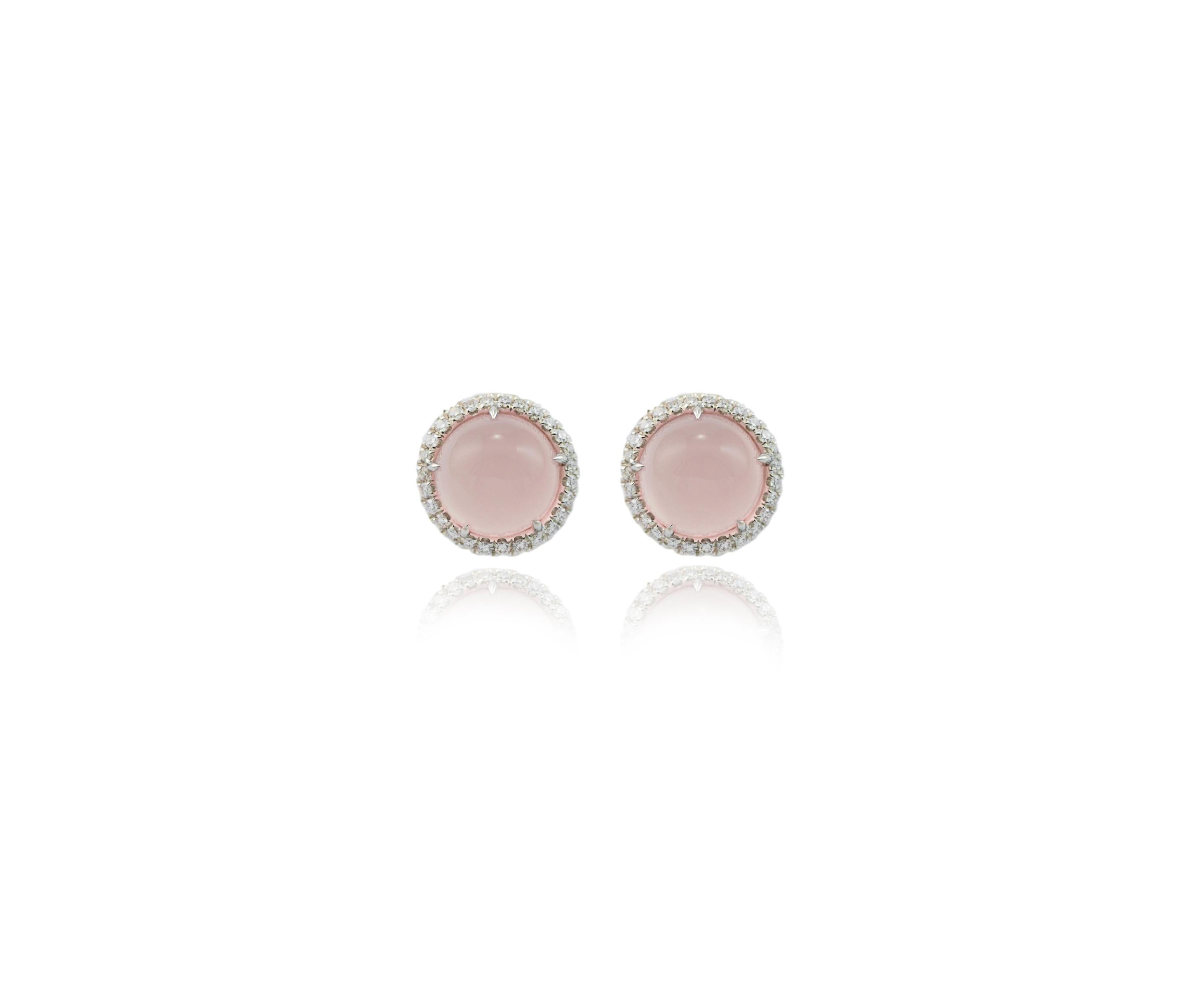 Women's Cabochon Pink Quartz Diamond 18 Karat White Gold Margherita Burgener Earrings
