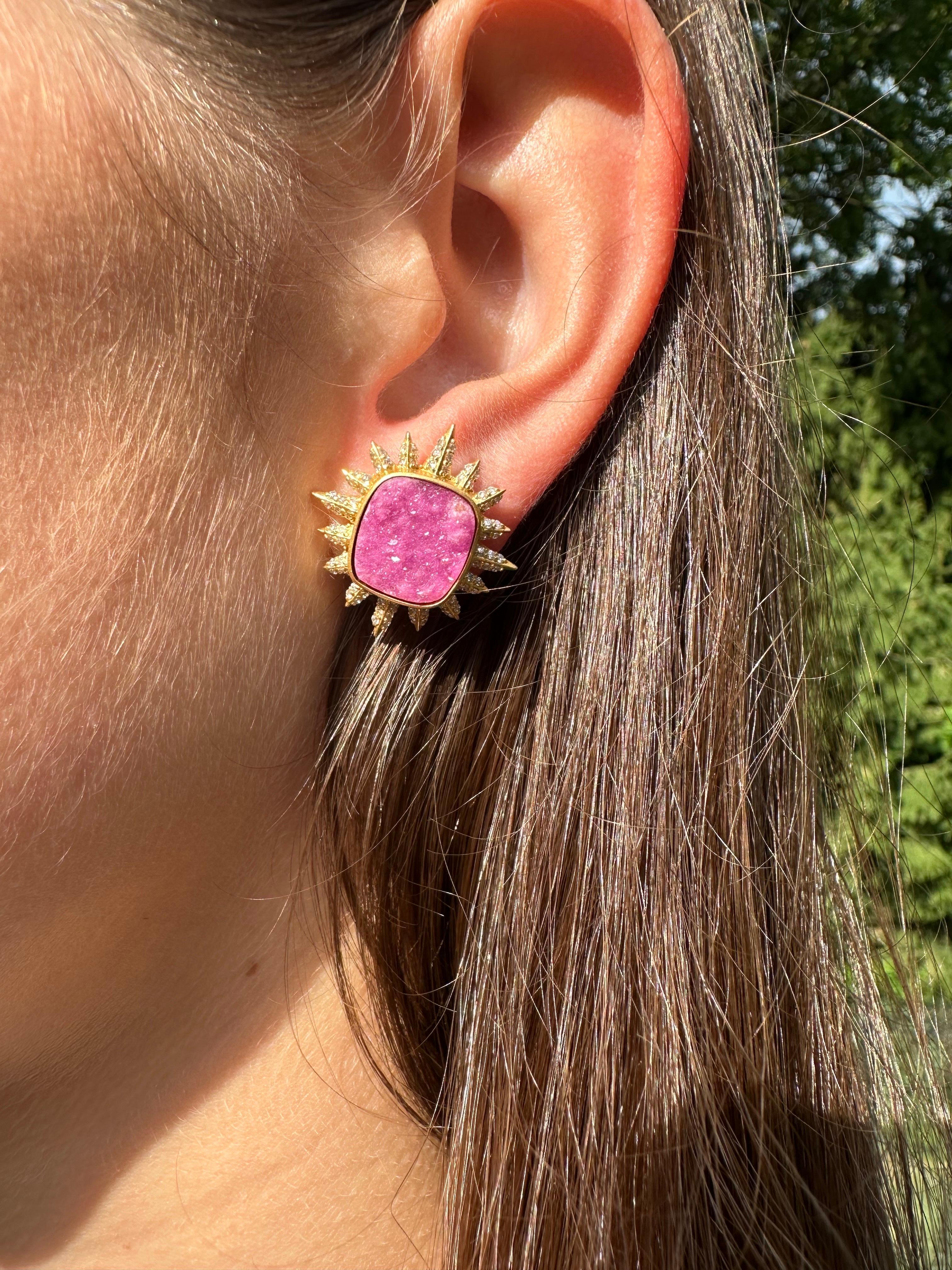 Square Cut Pink Quartz, Diamond 18kt Gold Studs by Lauren Harper For Sale