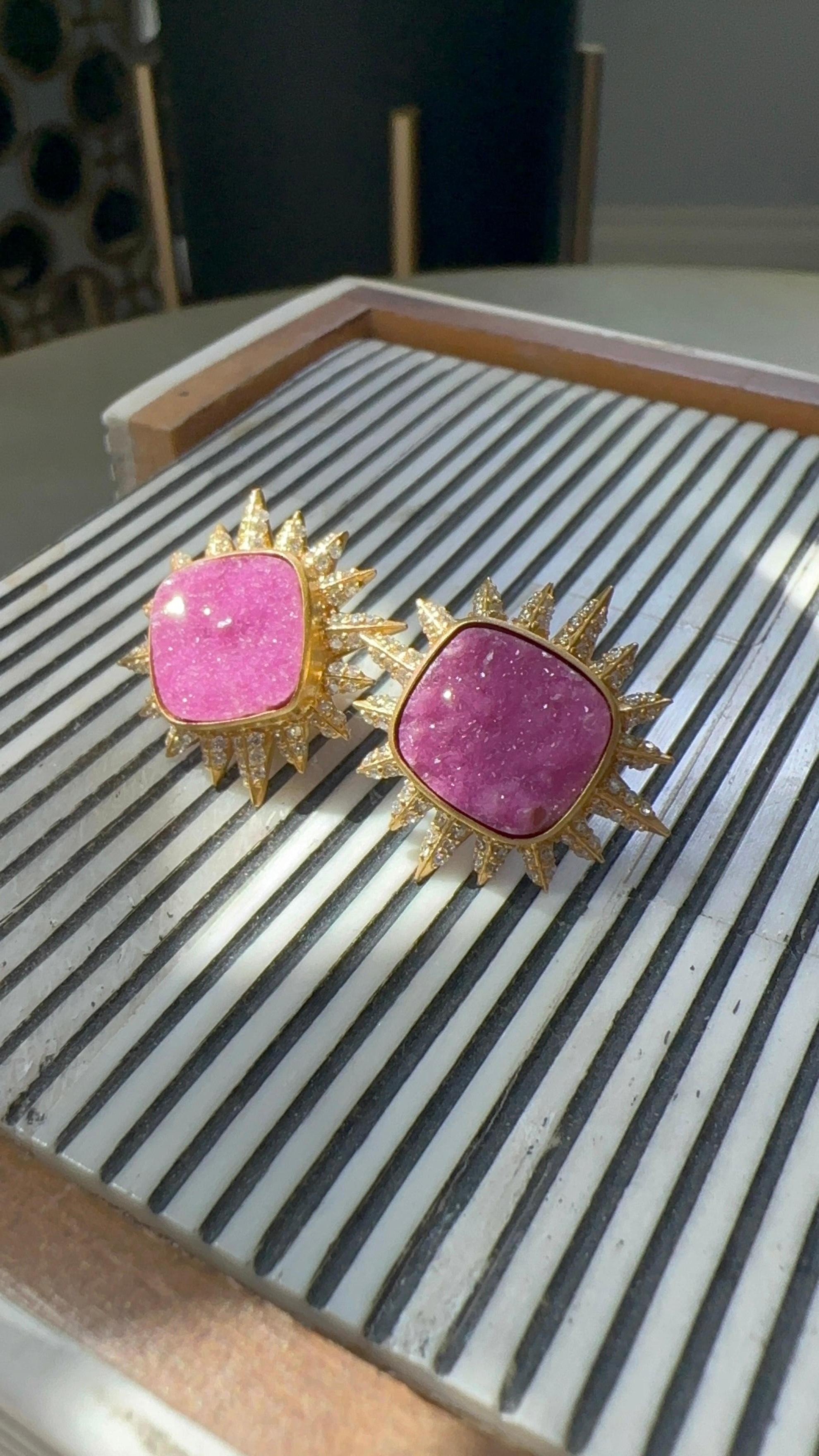 Pink Quartz, Diamond 18kt Gold Studs by Lauren Harper In New Condition For Sale In Winnetka, IL