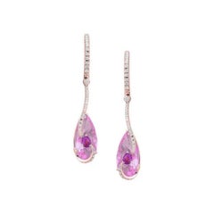 Boucles d'oreilles en or 14 carats avec quartz rose, diamants et saphirs roses pour elle