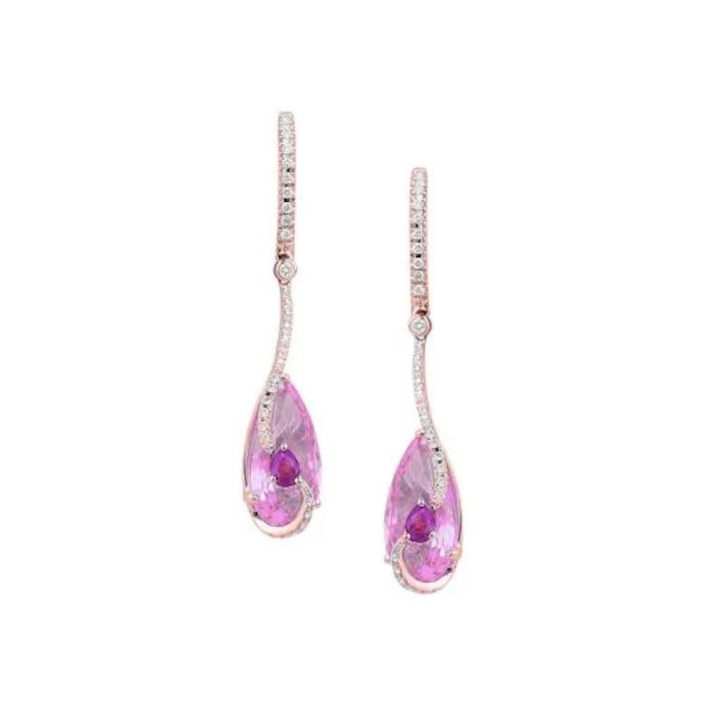 Baguette Cut Pink Quartz Diamond Pink Sapphire Rose 14k Gold Earrings for Her For Sale