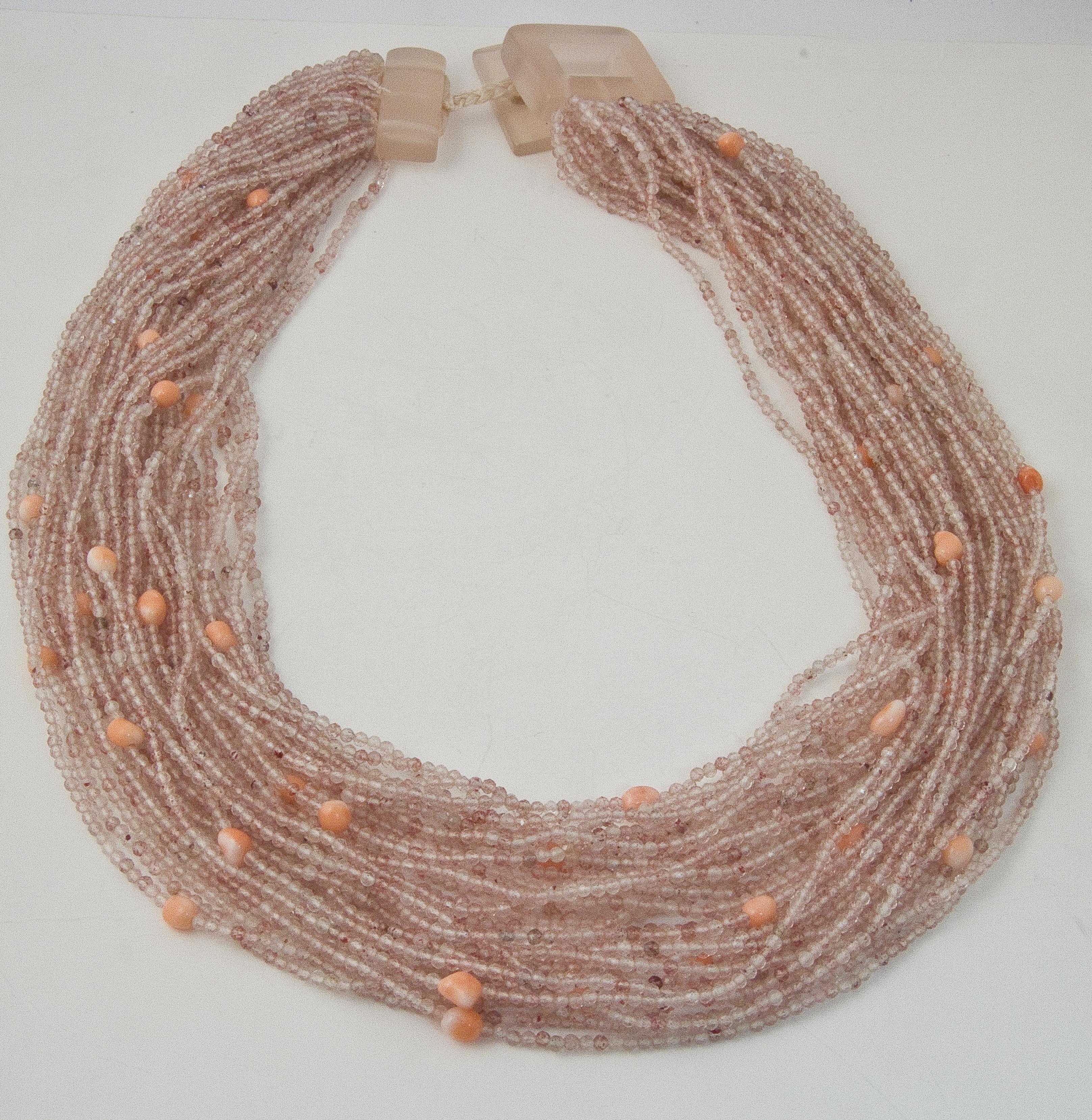 Contemporary Pink Quartz Multi Strand Necklaces with Bakelite Claps