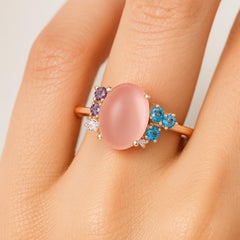 Pink quartz multicolor ring in 14k gold