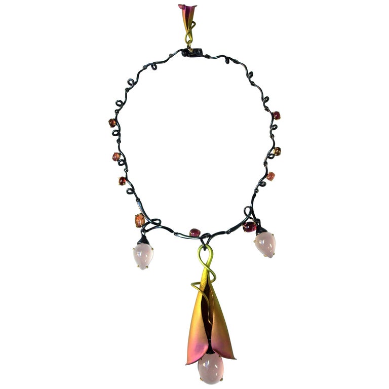 Pink Quartz Tourmalines 18 Karat Gold Pink Yellow Titanium Silver Drop