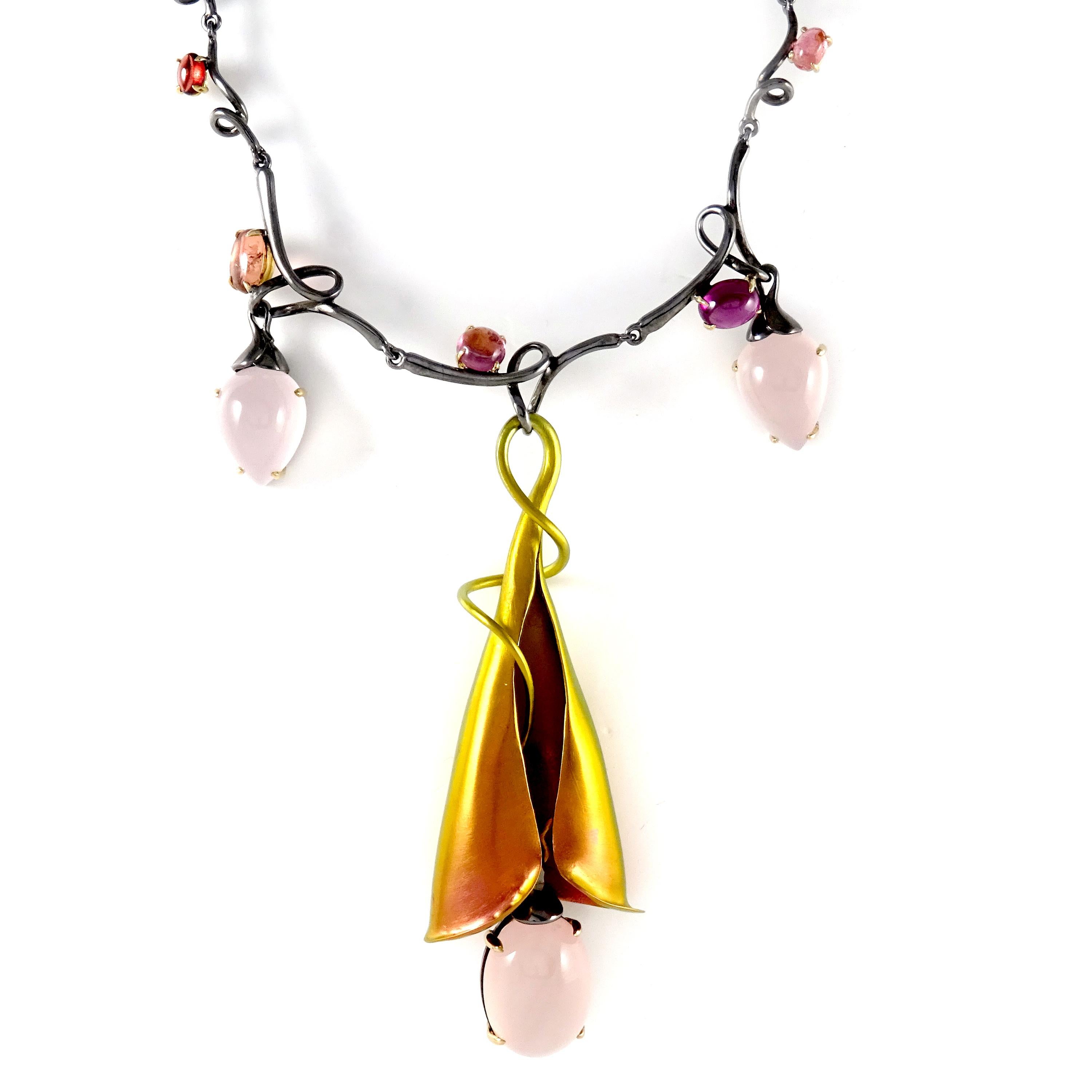 Contemporary Pink Quartz Tourmalines 18 Karat Gold Pink Yellow Titanium Silver Drop Necklace For Sale