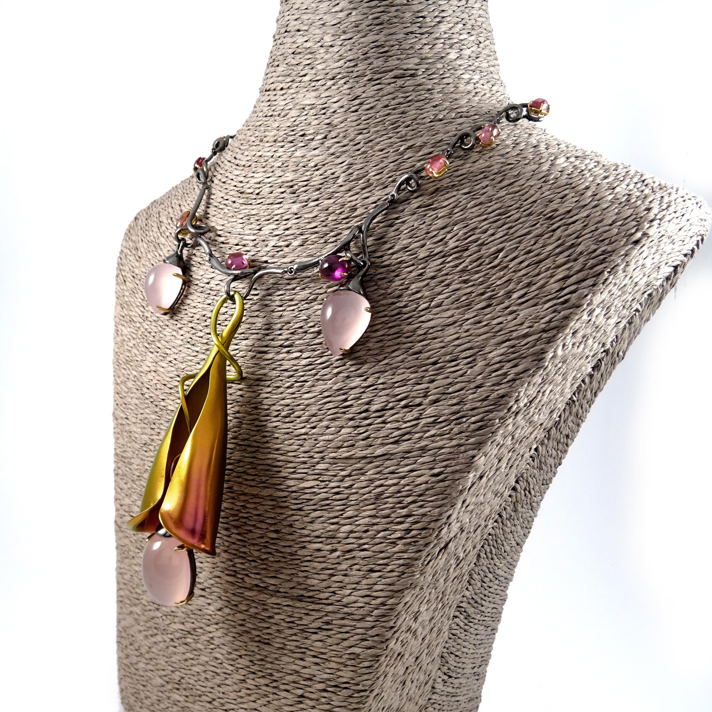 Pink Quartz Tourmalines 18 Karat Gold Pink Yellow Titanium Silver Drop Necklace In New Condition For Sale In València, ES