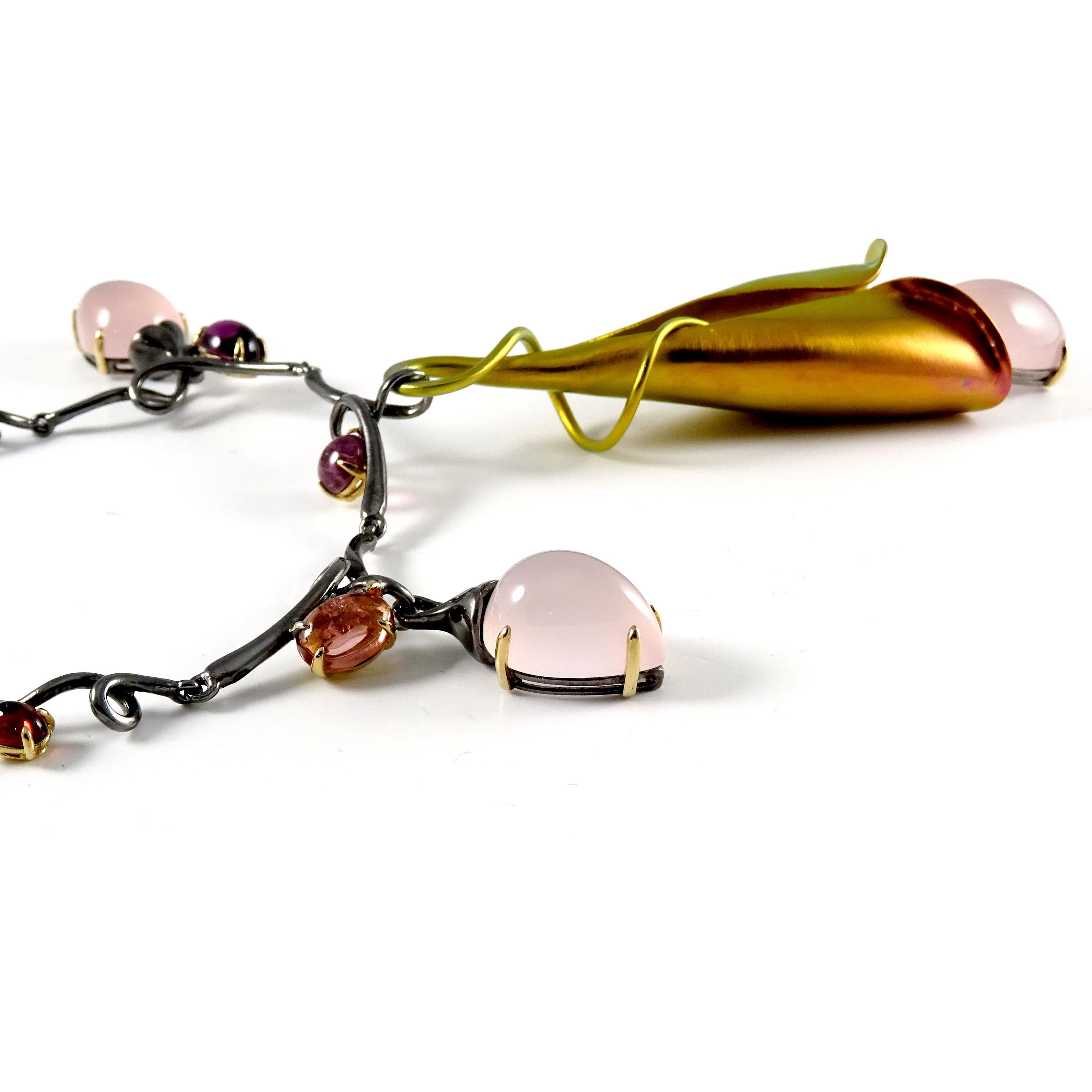 Pink Quartz Tourmalines 18 Karat Gold Pink Yellow Titanium Silver Drop Necklace For Sale 1