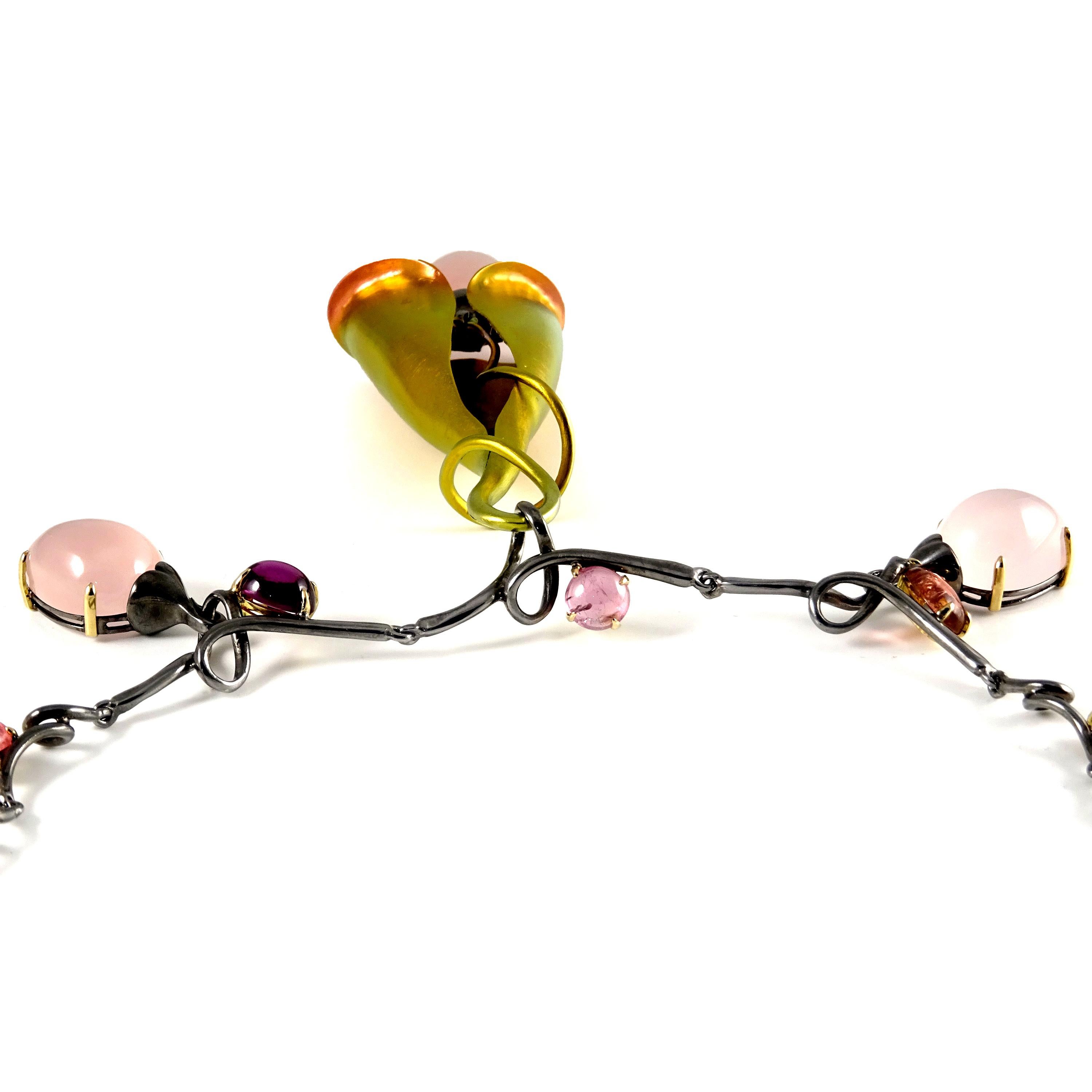 Pink Quartz Tourmalines 18 Karat Gold Pink Yellow Titanium Silver Drop Necklace For Sale 2