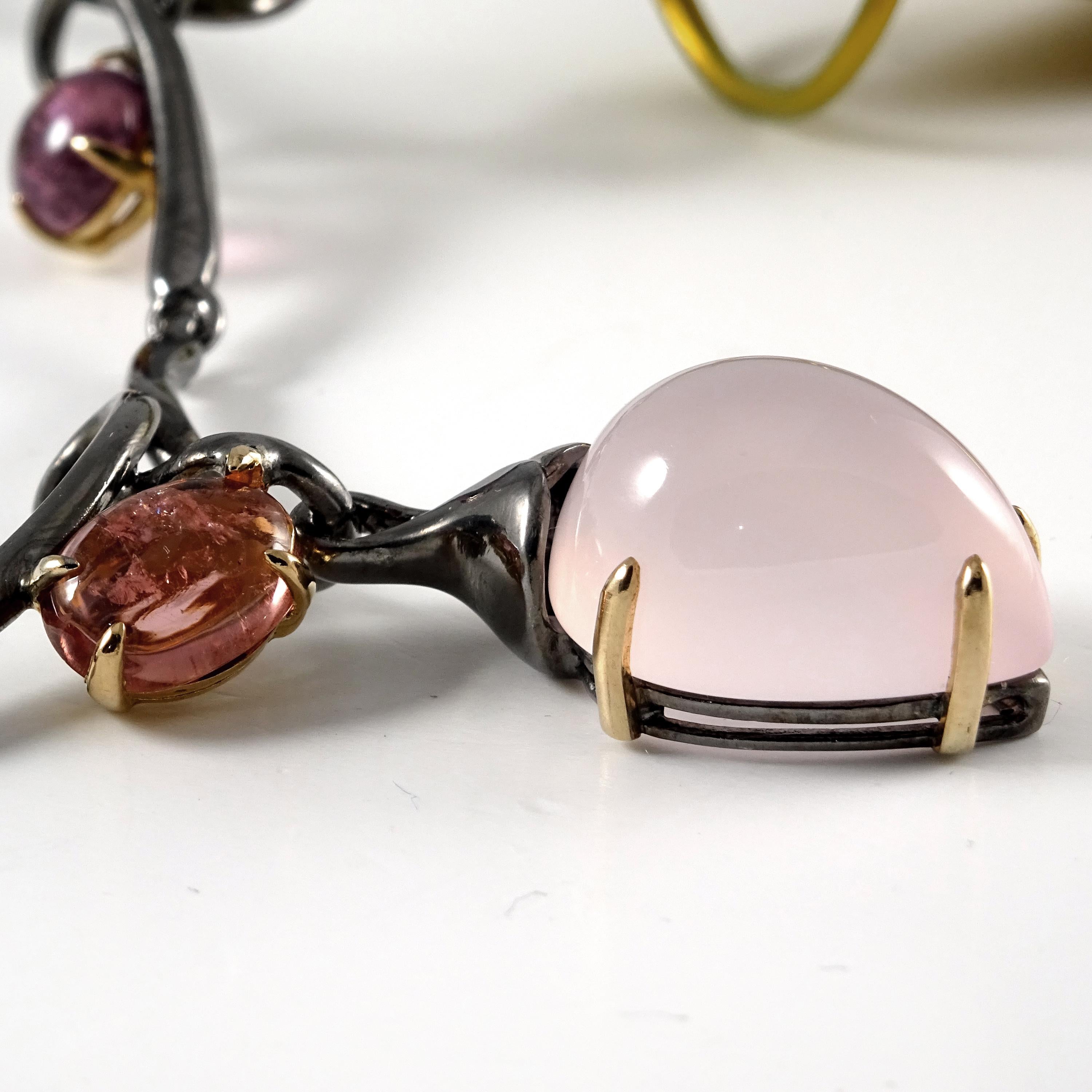 Pink Quartz Tourmalines 18 Karat Gold Pink Yellow Titanium Silver Drop Necklace For Sale 3