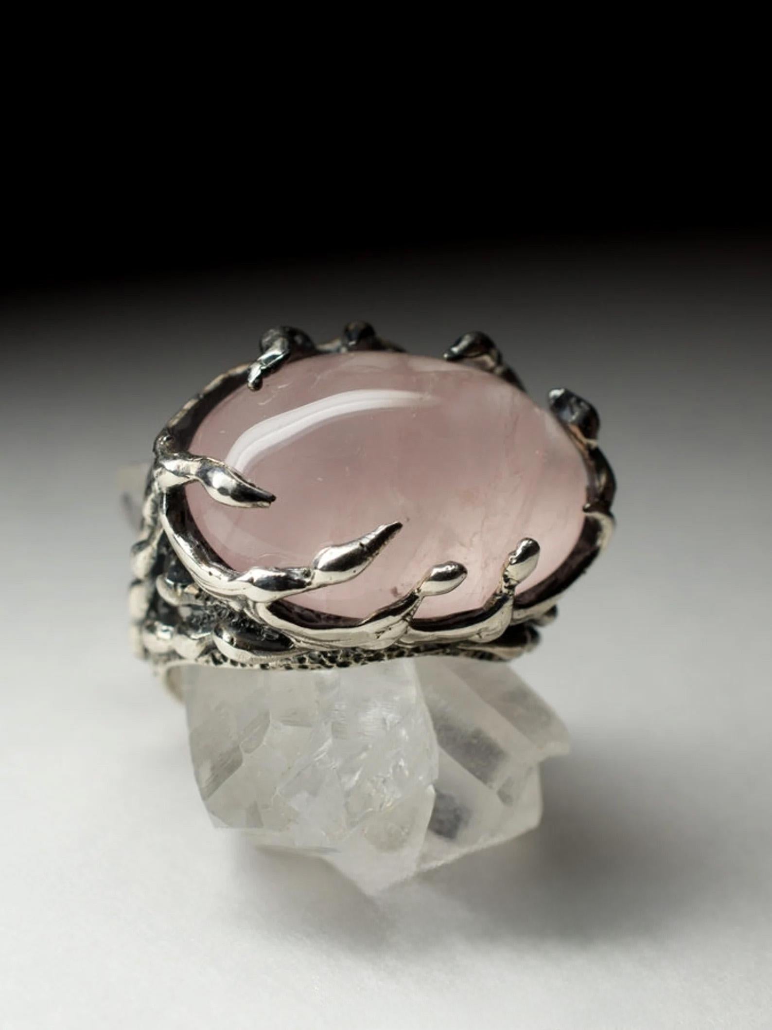 Artisan Pink Quartz Silver Ring Queen Lucy Style Clear Pale Rose Brazilian Gemstone For Sale