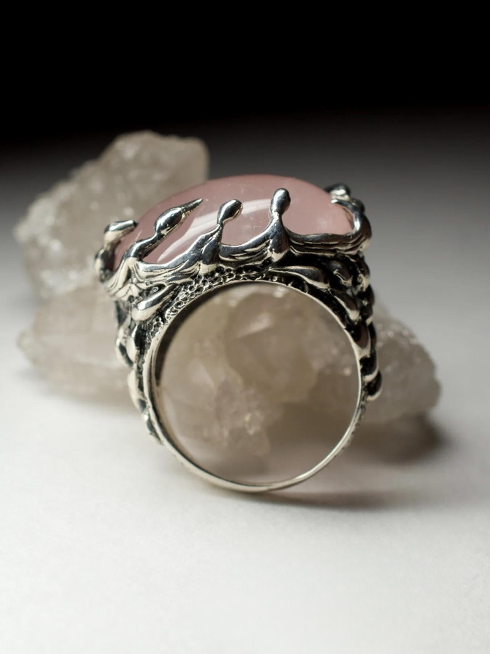 Cabochon Pink Quartz Silver Ring Queen Lucy Style Clear Pale Rose Brazilian Gemstone For Sale