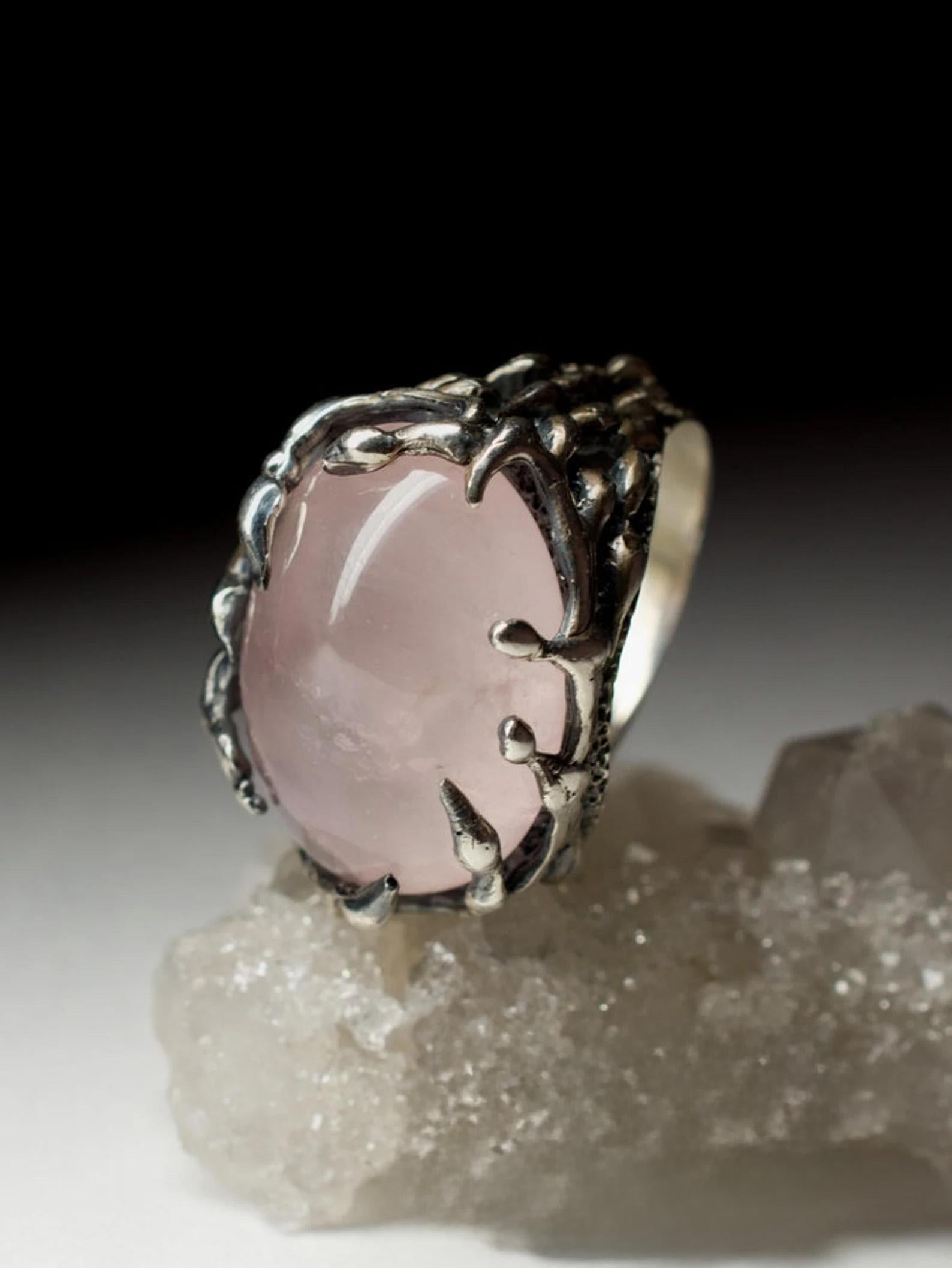 Pink Quartz Silver Ring Queen Lucy Style Clear Pale Rose Brazilian Gemstone In New Condition For Sale In Berlin, DE
