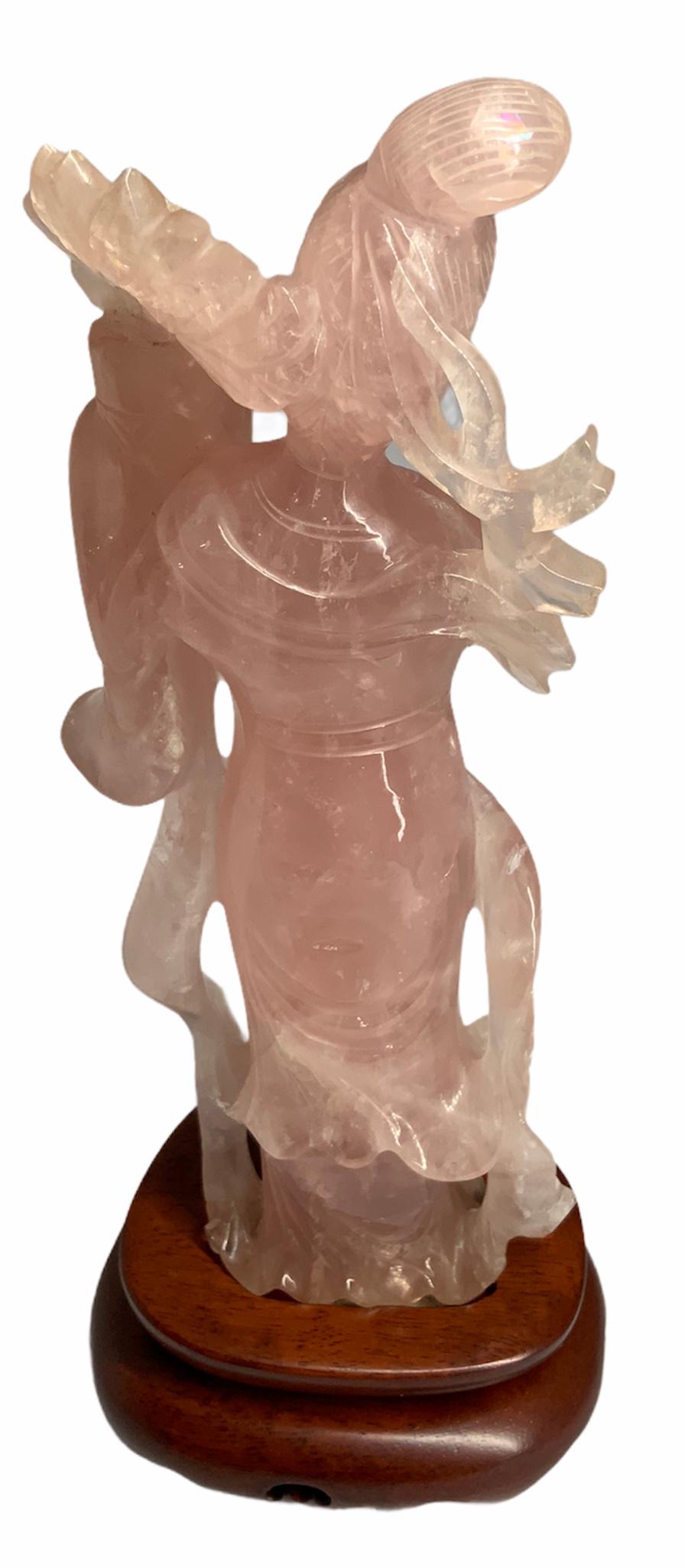 Carved Pink Quartz Small Sculpture of Guan Yin