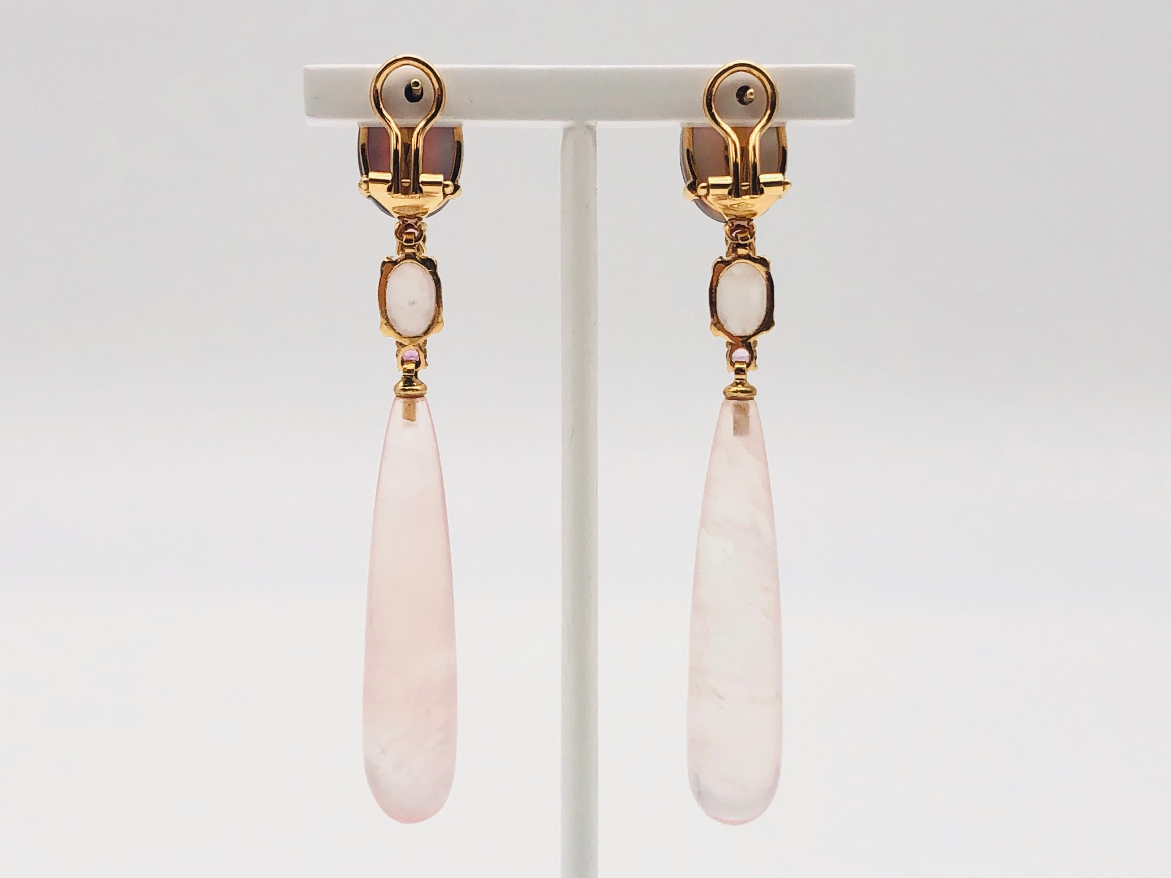 Pink Quartz Topaz Chandelier Earrings Yellow Gold 18 Karat In New Condition For Sale In Vannes, FR