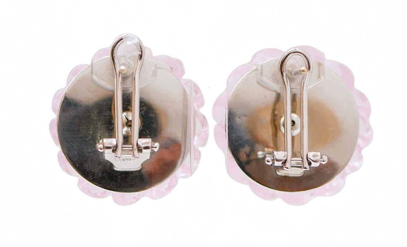 Retro Pink Quartz, Tourmaline, Diamonds, 14 Karat White Gold Earrings. For Sale