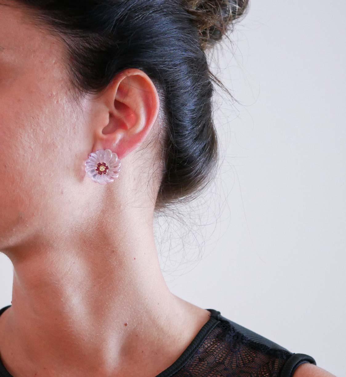 Mixed Cut Pink Quartz, Tourmaline, Diamonds, 14 Karat White Gold Earrings. For Sale
