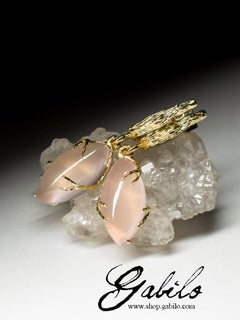 Pink Quartz Yellow Gold Earrings Rose Gems Brazilian Cabochon Gem Unisex Jewelry