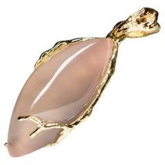 Pink Quartz Yellow Gold Pendant Natural Brazilian Cabochon Gem Rose Blush Unisex