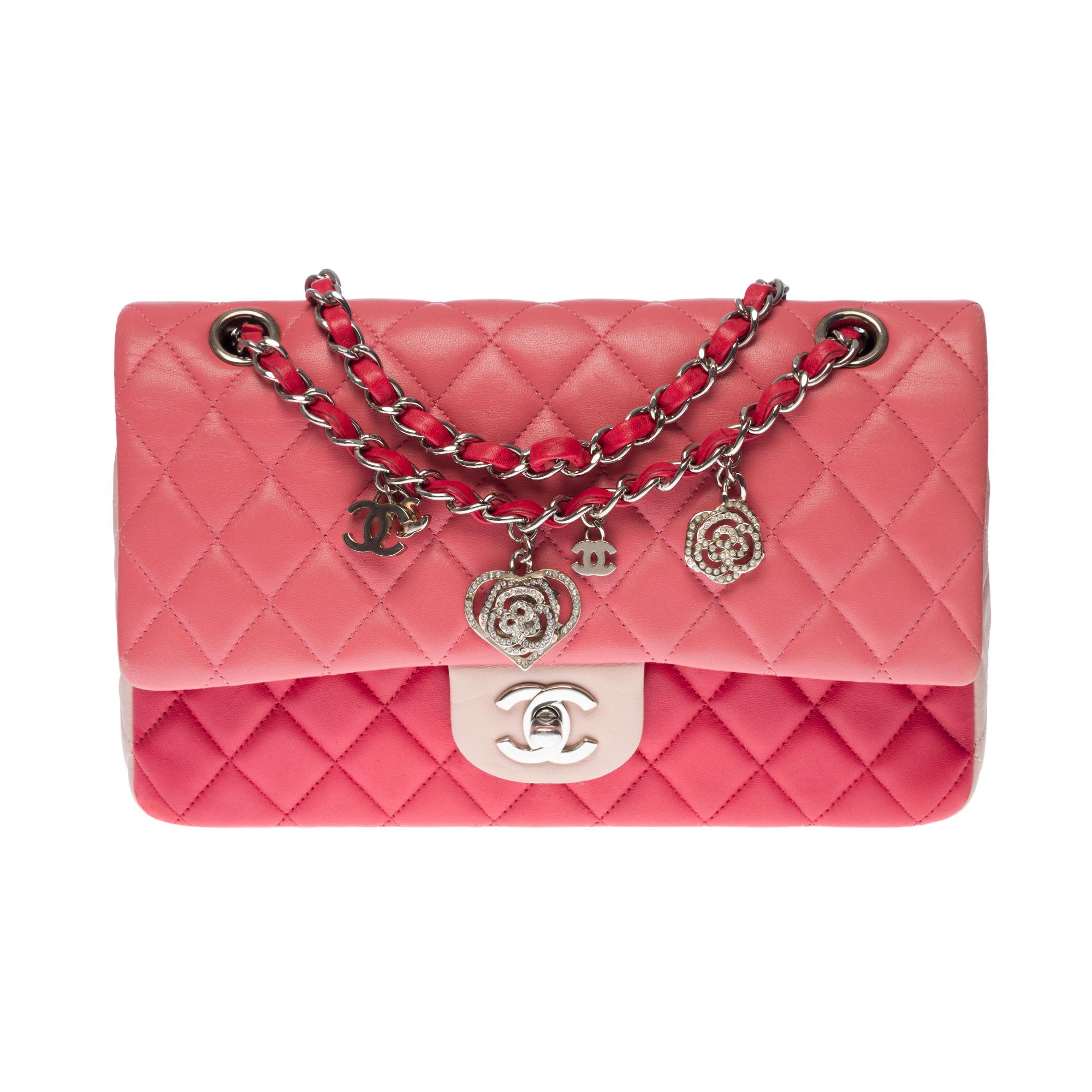 Pink Quilted Lambskin Chanel Limited Tricolor Medium Valentine Crystal Hearts Classic Flap Bag. 

Features three shades of pink lambskin, leather woven chain strap, CC turn lock closure, pink interior with zippered and slip pockets, back exterior