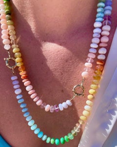 Pink Rainbow Sapphire and Emerald Yellow Gold Diamond Necklace