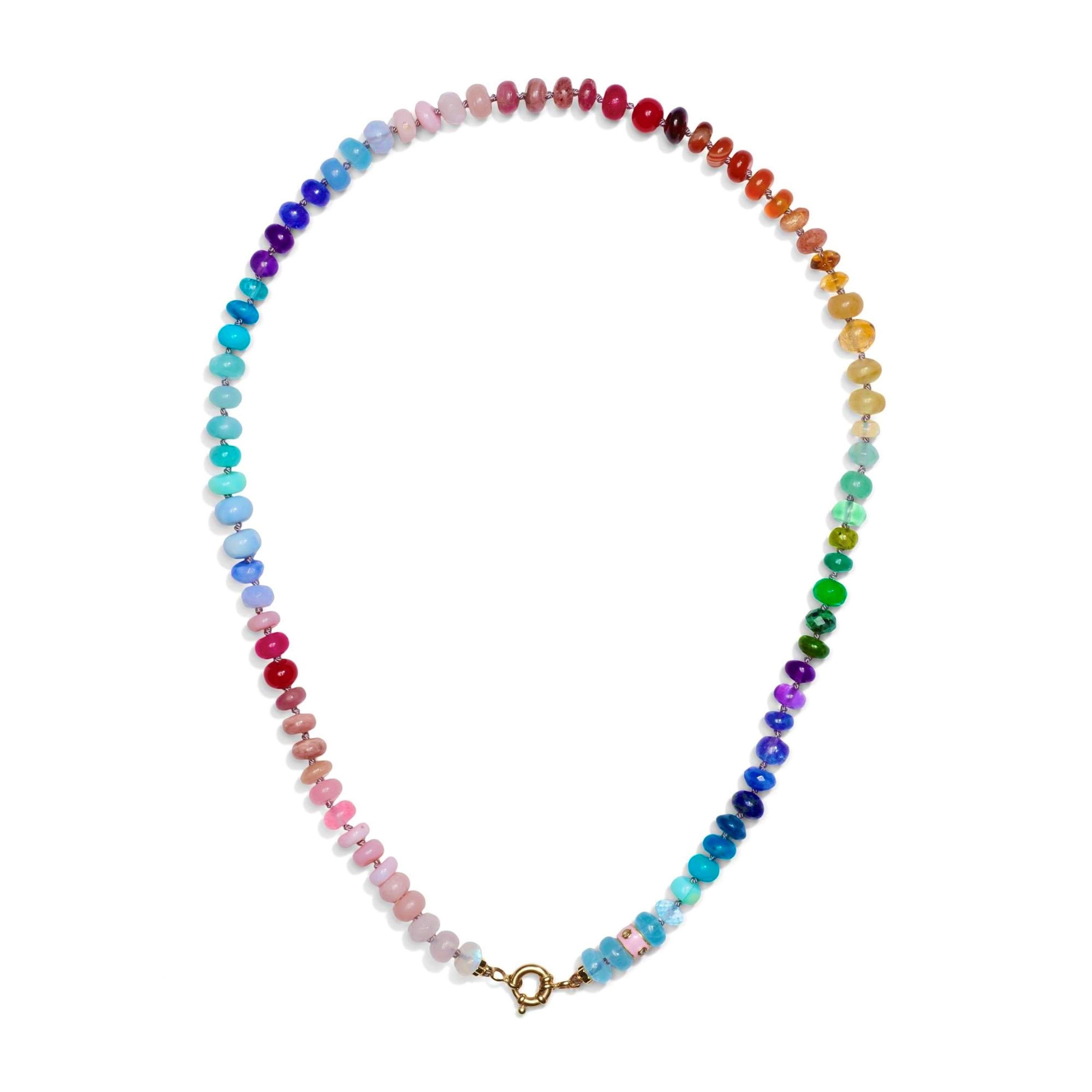 Bead Pink Rainbow Sapphire and Emerald Yellow Gold Diamond Necklace For Sale