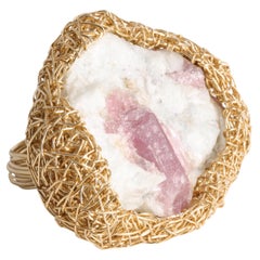 Pink Raw Tourmaline on Matrix in 14 Kt Gold F Woven Statement Ring by the Artist