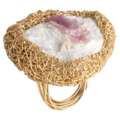 kt matrix Pink Raw Tourmaline on Matrix in 14 Kt Gold F Woven Statement Ring by the Artist