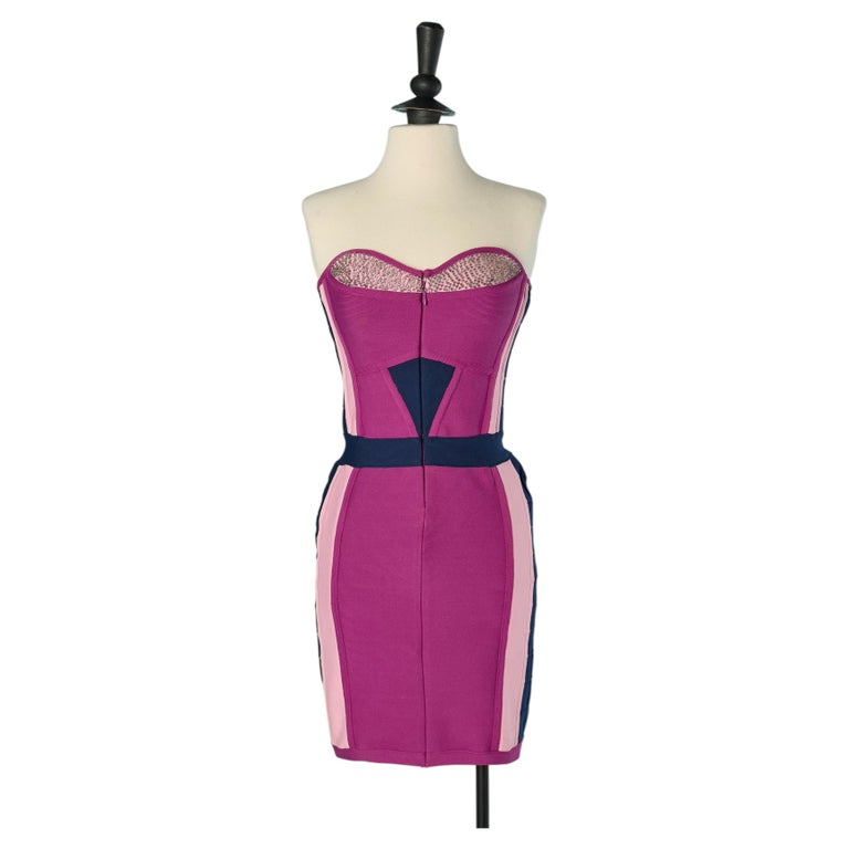 herve leger pink and purple dress Herve Leger Purple Knit Bandage Zip Up Mini Dress S