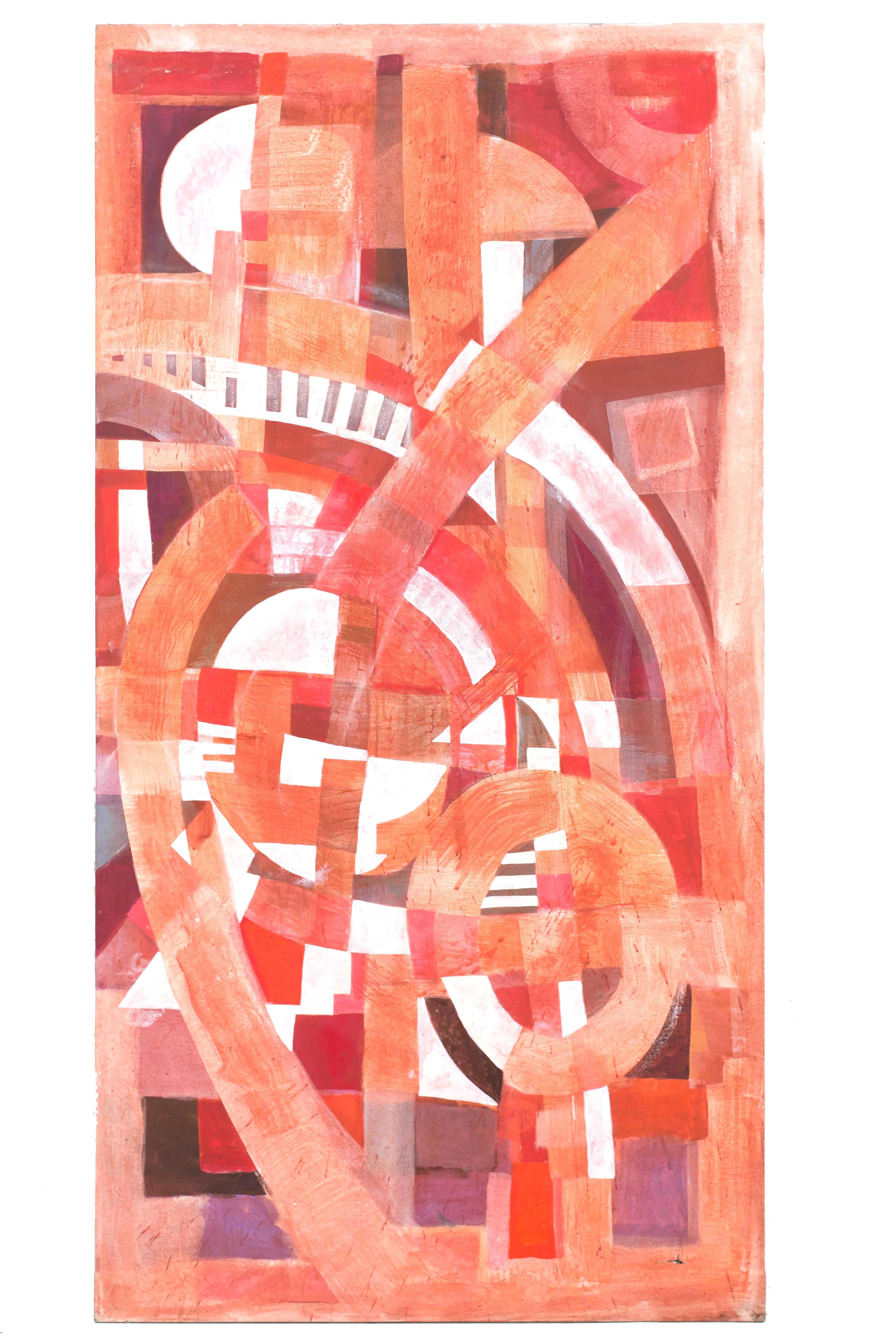 Ensemble de 3 tableaux abstraits contemporains (triptyque) à la gouache sur toile rectangulaire dans les tons de rose, rouge et blanc. (TOM JOHN, 2010)
