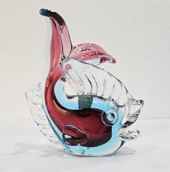 Rosa-Rot, Blau, & Klar Oball Murano Glas Fisch Skulptur mit Original Label