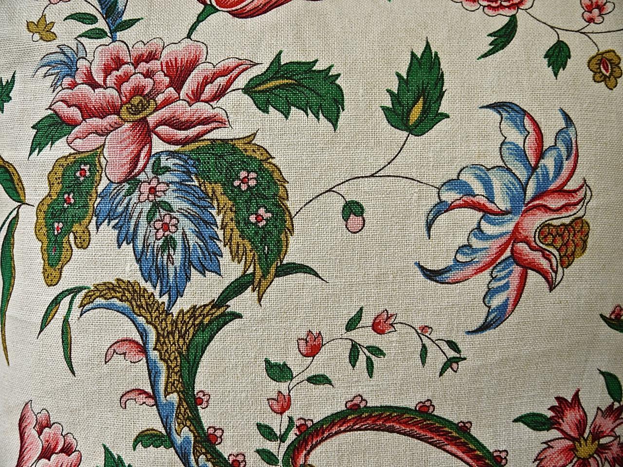 French Provincial Pink Red Blues Floral Linen Pillow, French, Early 20th Century For Sale