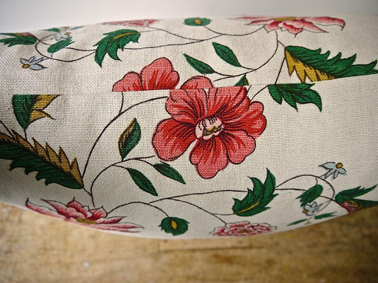 Pink Red Blues Floral Linen Pillow, French, Early 20th Century For Sale 1
