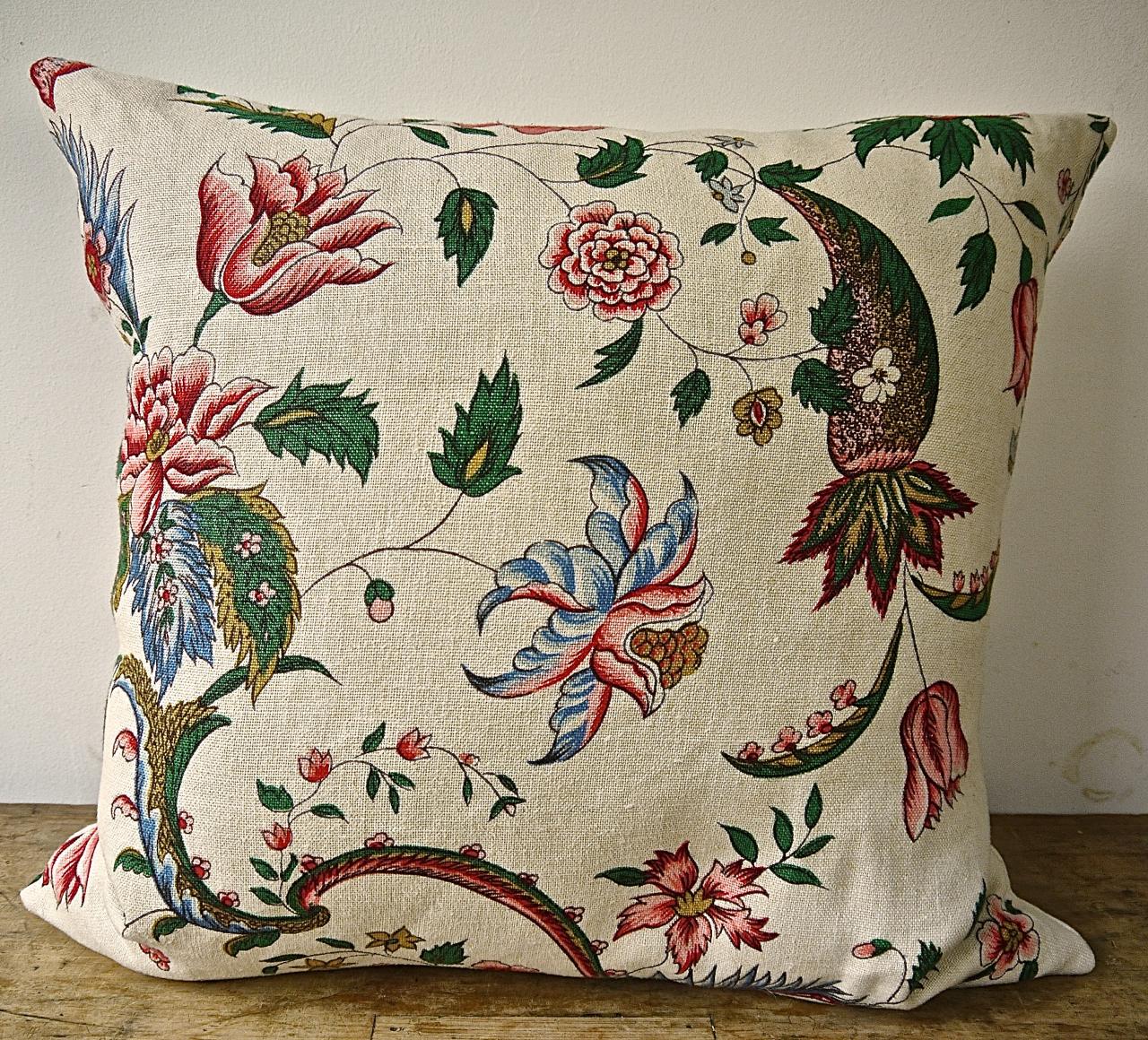 Pink Red Blues Floral Linen Pillow, French, Early 20th Century For Sale 3