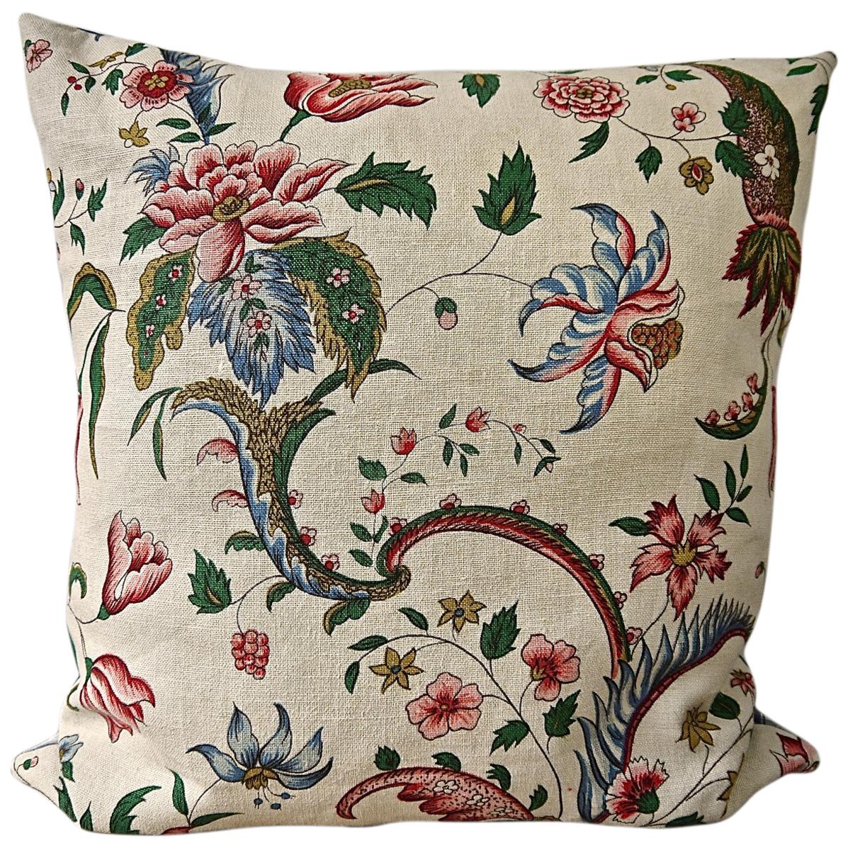 Pink Red Blues Floral Linen Pillow, French, Early 20th Century For Sale