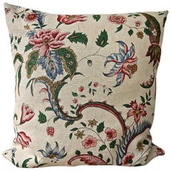 Pink Red Blues Floral Linen Pillow, French, Early 20th Century