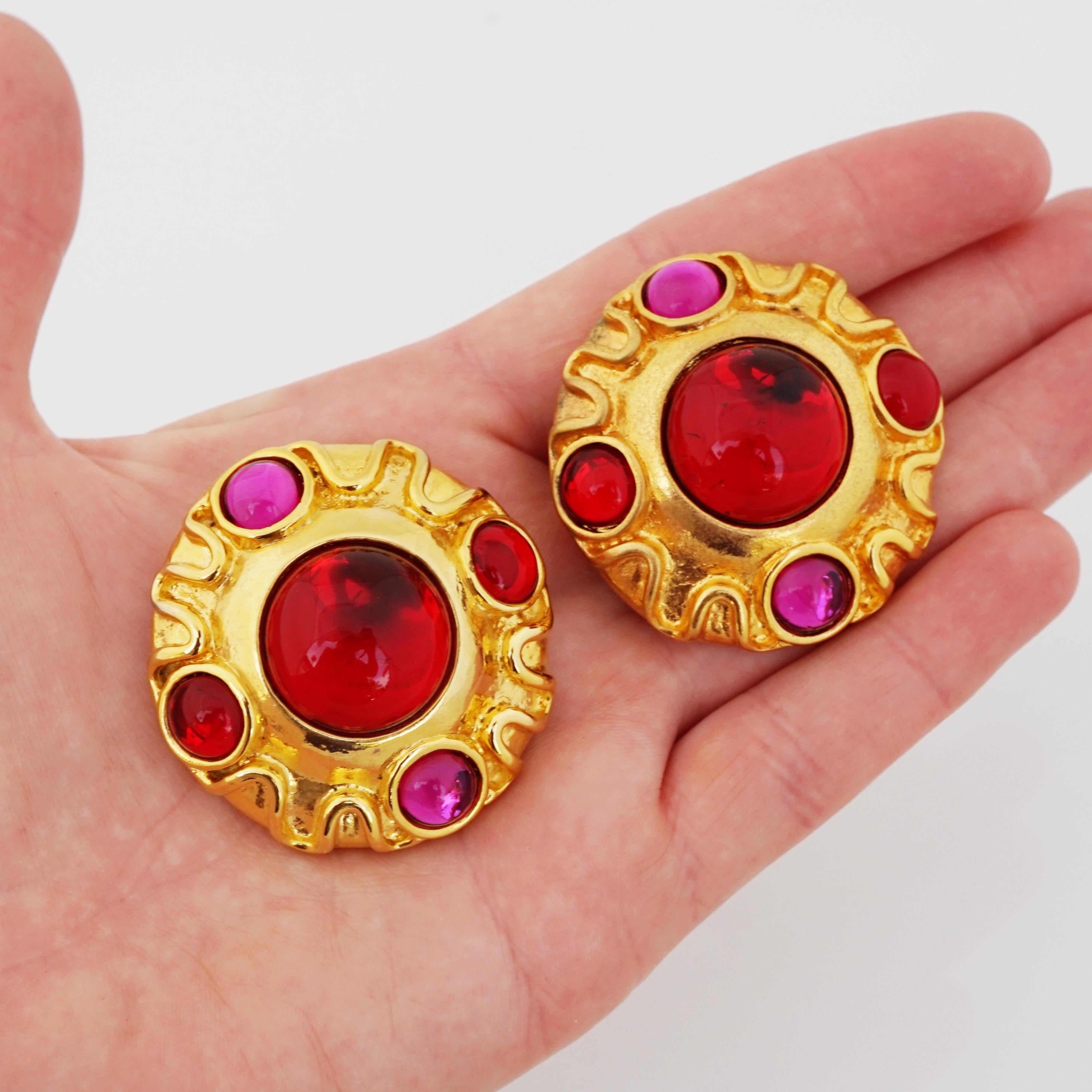 Women's Pink & Red Glass Cabochon Oversized Coin Statement Earrings By Escada, 1990s For Sale