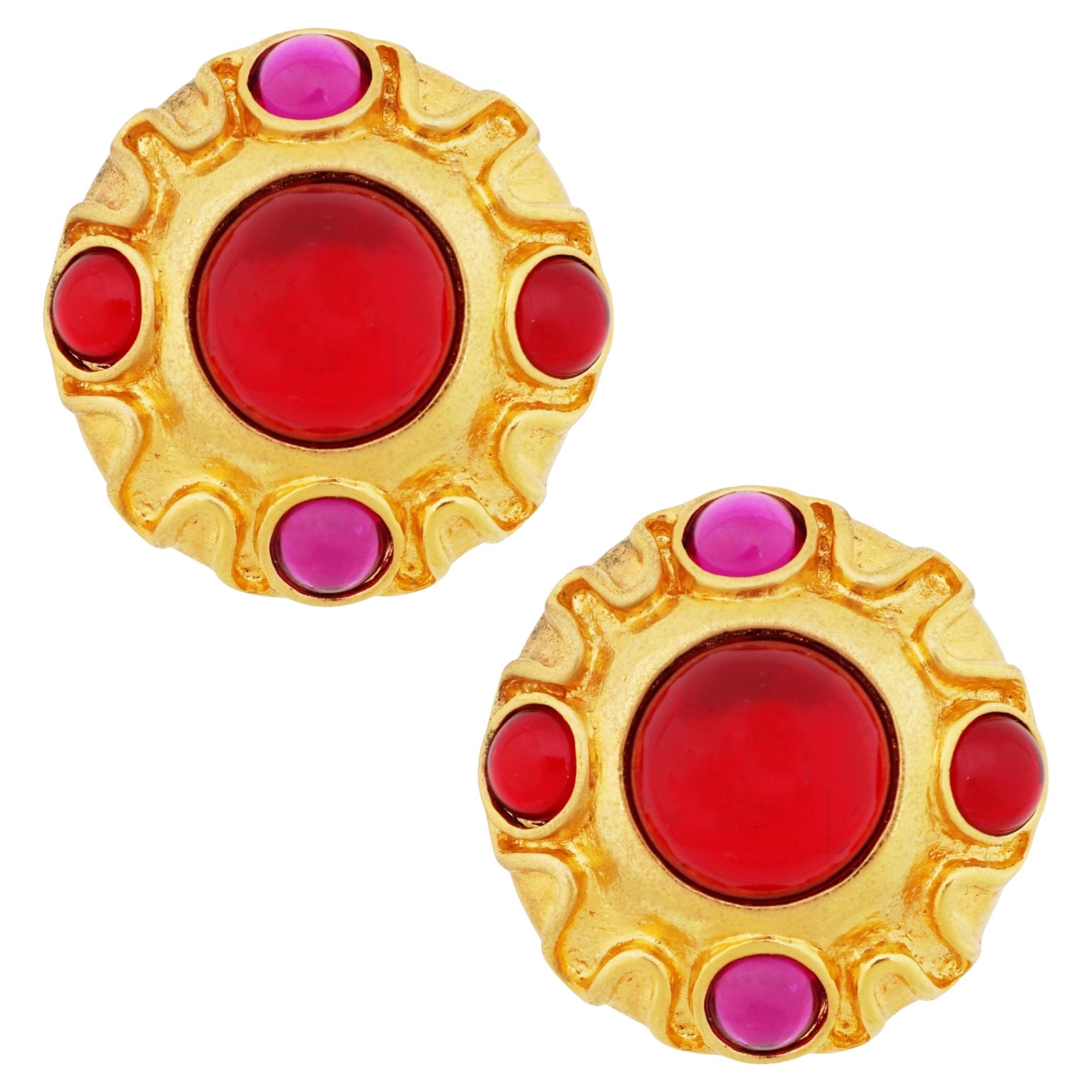 Pink & Red Glass Cabochon Oversized Coin Statement Earrings By Escada, 1990s For Sale