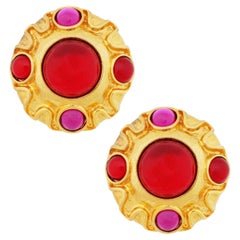Pink & Red Glass Cabochon Oversized Coin Statement Earrings By Escada, 1990s