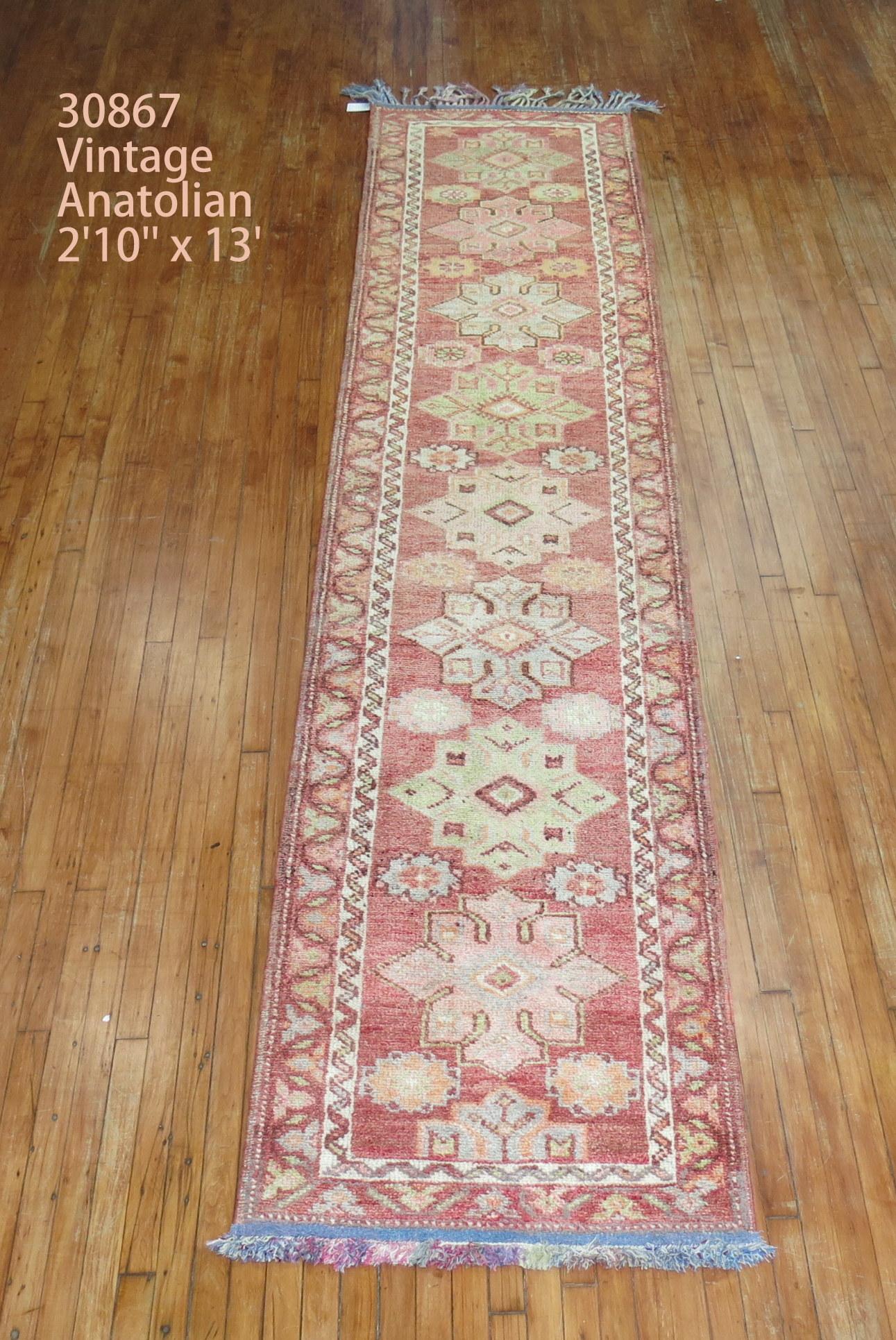 Turkish Anatolian runner from the middle of the 20th century highlighted by light green and pink accents on a red field

Measures: 2'10