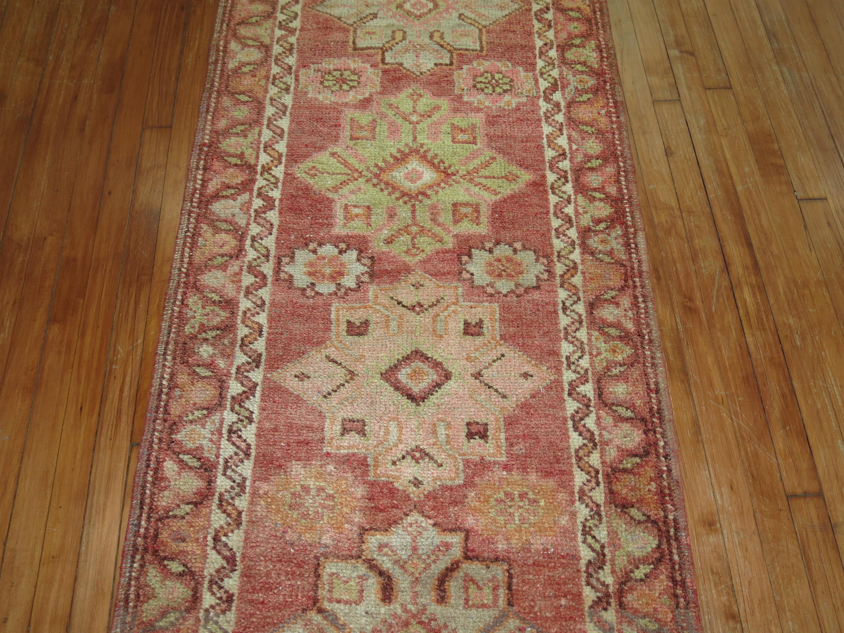 Pink Red Light Green Vintage Turkish Anatolian Long Runner In Good Condition In New York, NY