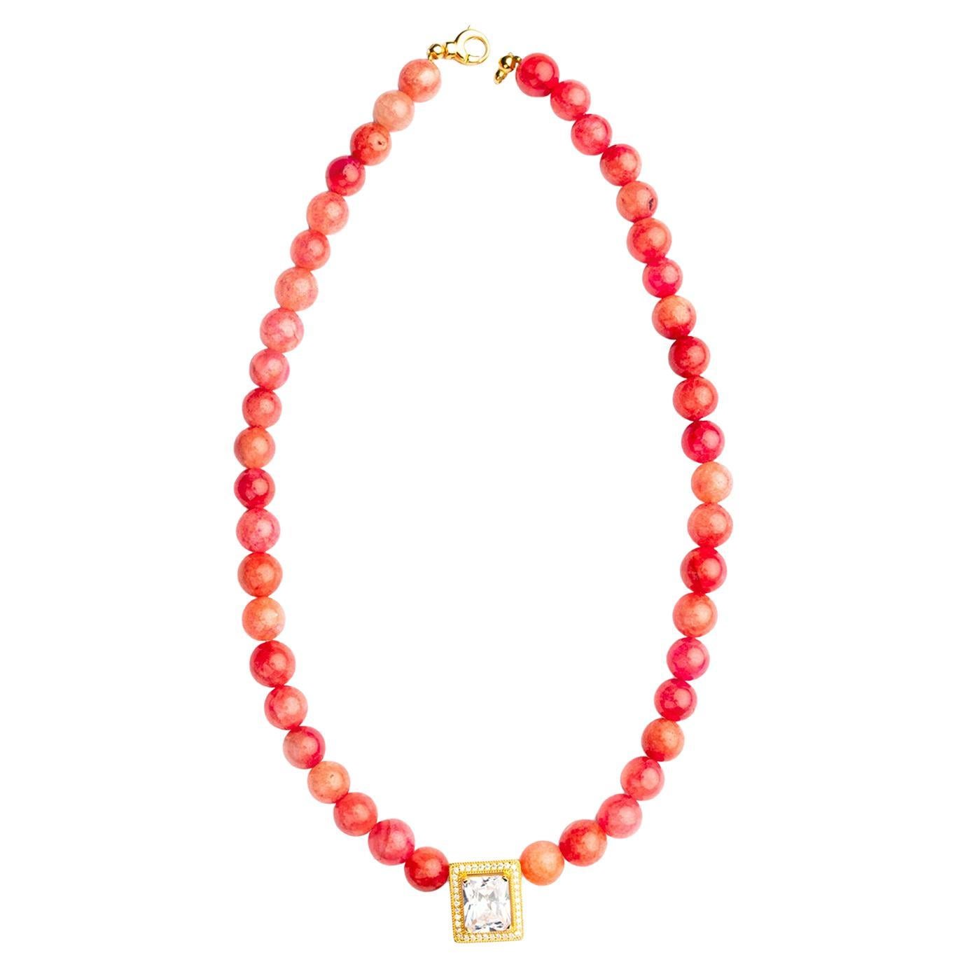Pink Red Quartz Round Cut Gemstone Necklace For Sale